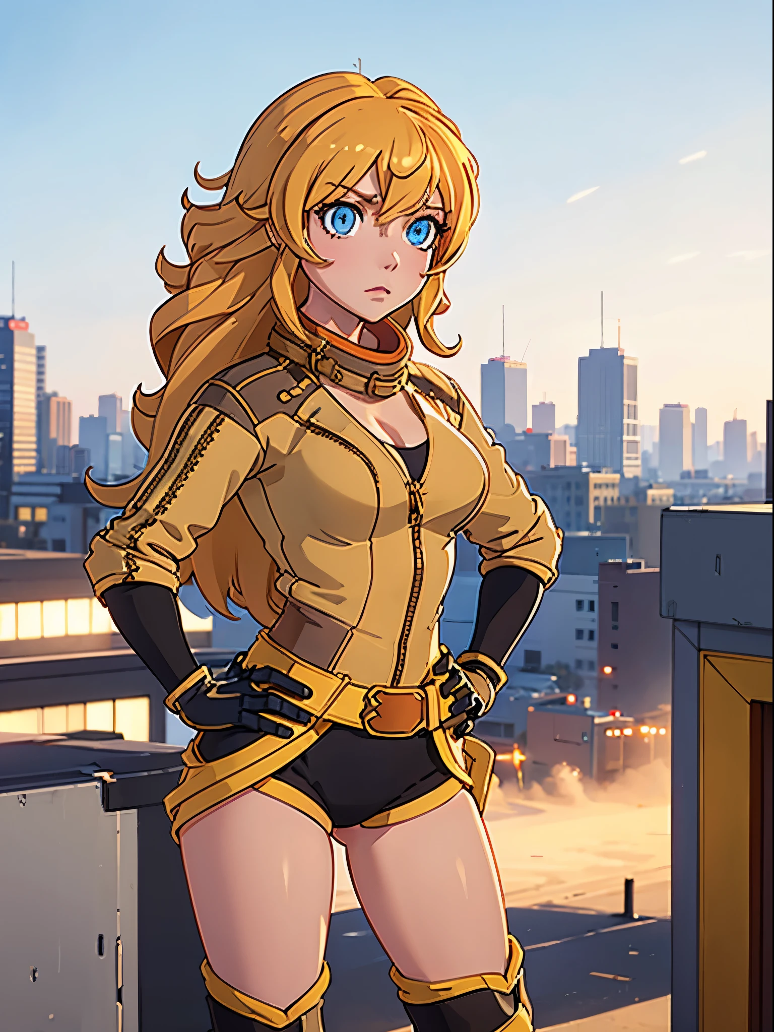 1girl, medium breasts, highleg leotard, bare legs, gloves, boots, superhero, standing, hands on hip, city backdrop, (beautiful detailed eyes:1.6), (perfect hands, perfect anatomy), yang xiao long, serious, medium hair