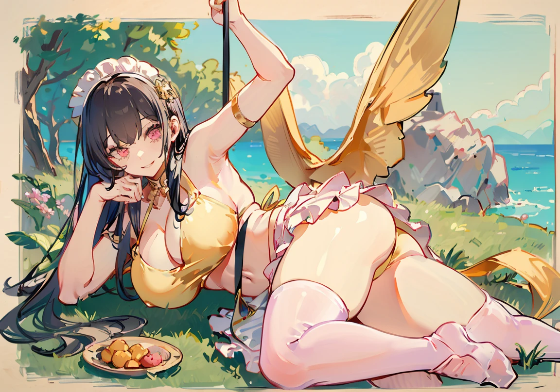 4k, masterpiece, High resolution, (big breasts)、(big ass)、curvy、((Pink Thigh Socks))、(apron)、((golden bikini))、monster's habitat