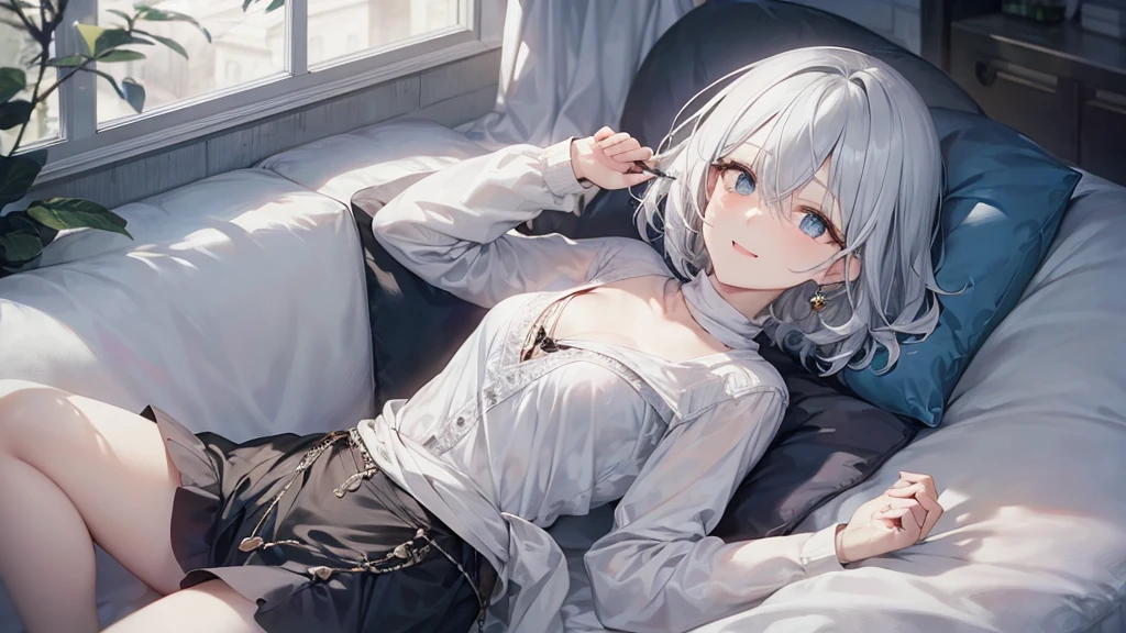 Her eyes were shining、Mysterious and enchanting atmosphere。With AI Painting、とてもShort Hair, Long bangs between the eyes, Grey Eyes , Very detailed,(masterpiece、highest quality)、alone、Gray Hair、Fantasy, Silver Hair, Beautiful Eyes,Ecstasy, charm, attract the audience, Fantasyな風景、White shirt、smile、Open your mouth、Scarf、short hair、Short Hair、hairpin、Dark Eyes
