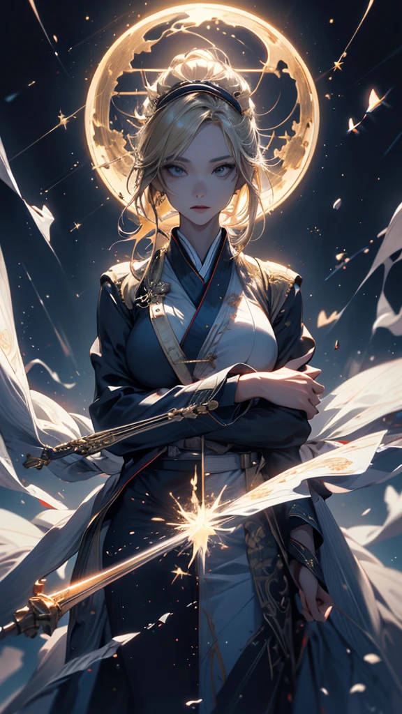 masterpiece, high quality, 4K, Beautiful design, silhouette，blonde， 非常に詳細な夜のStarry Sky,Flower Field， wonderful, Finer details,  Very knowledgeable woman, Highly detailed solo, 1 female,Big Breasts，Nurse uniform，Wizard，Night view，Starry Sky，full moon，