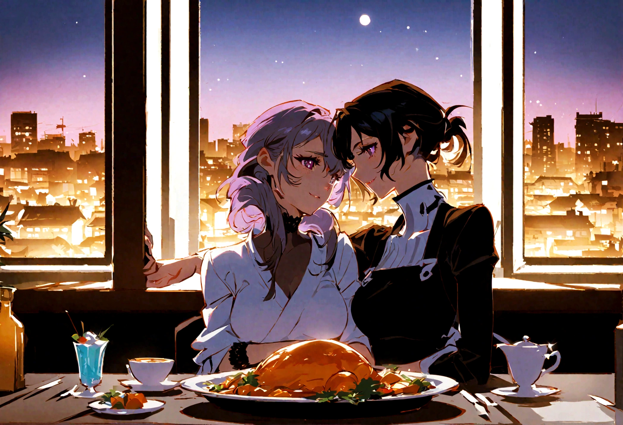 (Best_quality: 1.2),( very detailed), (anime: 1.4), (Japanese animation), high contrast,( masterpiece: 1.2, top-tier quality, optimal aesthetics,),a happy couple,(hunsband and wife) in an artist kitchen,purpule hair and eyesRomantic Restaurant - Choose a restaurant with a romantic atmosphere and enjoy a delicious dinner together. You could opt for a restaurant with beautiful views of the night sky or one with live music performances.