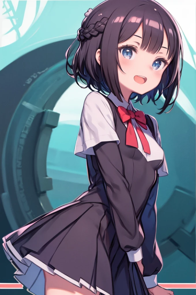 Tabletop, highest quality,figure, wallpaper, Super detailed, One Girl,alone,Beautiful fine details,Very thick outline、Medium short-Cut Hair、short, Braided hair、(school uniform)、Dark Hair Color、Open mouth and big smile、Kamimei、Angle where you can see the whole body、Looking down angle:1.2、Small Head、Ample breasts