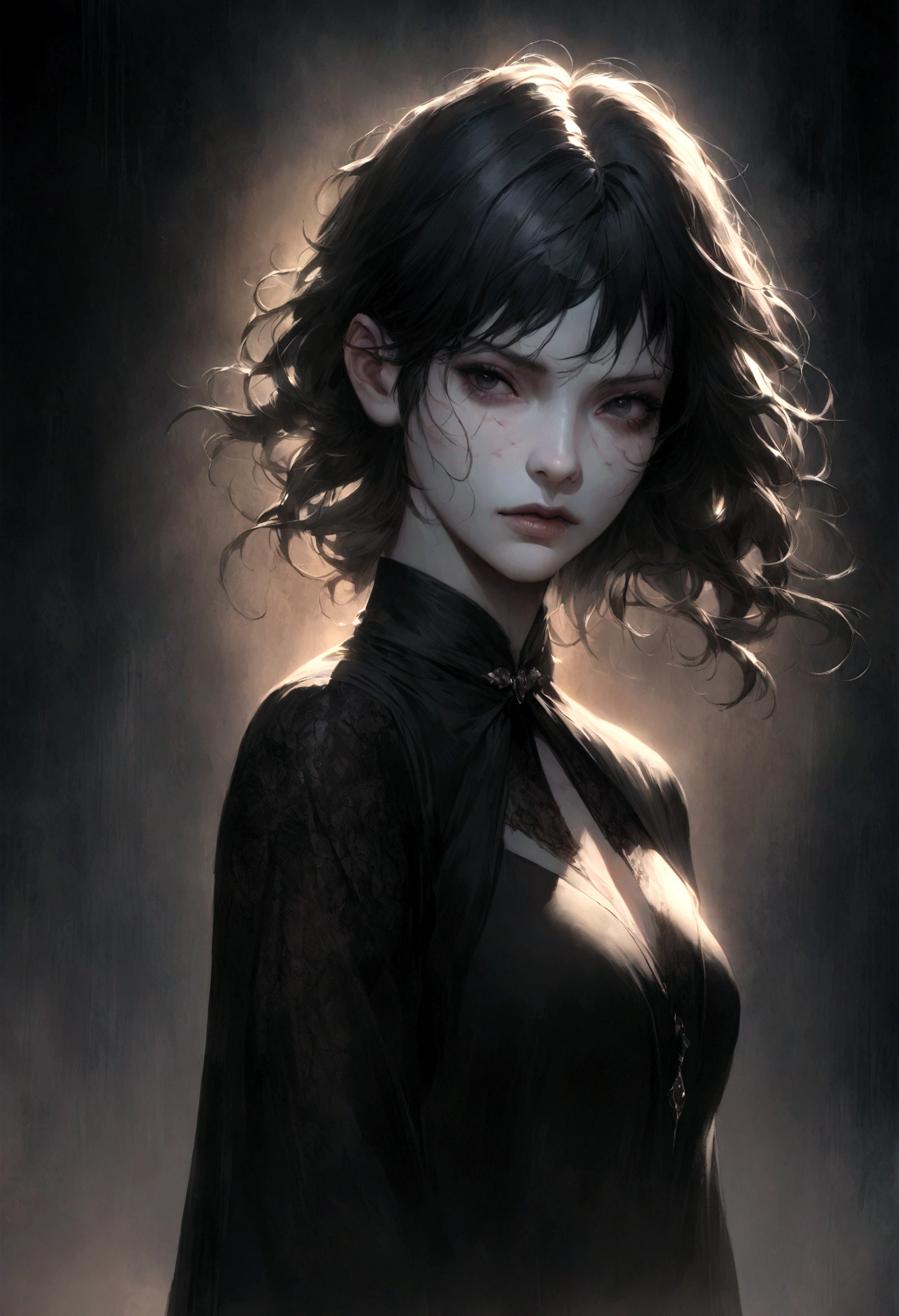 (best quality,Realistic),(dark,Feel) man,Detailed black eyes,Long black hair reminds you of the night,Pale skin,Obvious dark circles,Athletic body, But full of scars,Sinister atmosphere,Gothic aesthetics,Nightmare appearance,Intense expression,An aura of mystery, Sinuous and tense posture,Dramatic shadows and lighting,Bright contrast between light and dark,hint of danger,Charming atmosphere