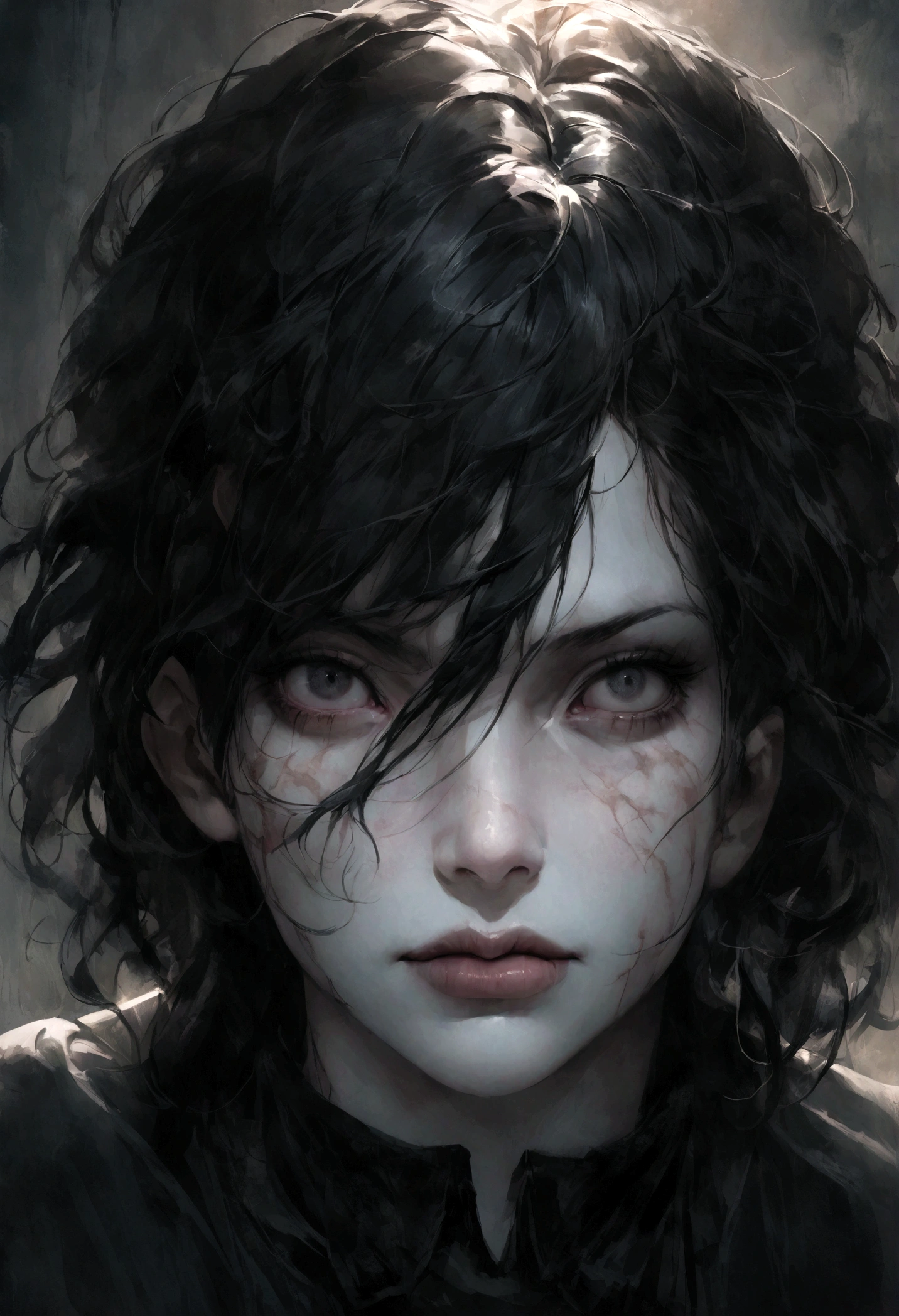 (best quality,Realistic),(dark,Feel) man,Detailed black eyes,Long black hair reminds you of the night,Pale skin,Obvious dark circles,Athletic body, But full of scars,Sinister atmosphere,Gothic aesthetics,Nightmare appearance,Intense expression,An aura of mystery, Sinuous and tense posture,Dramatic shadows and lighting,Bright contrast between light and dark,hint of danger,Charming atmosphere