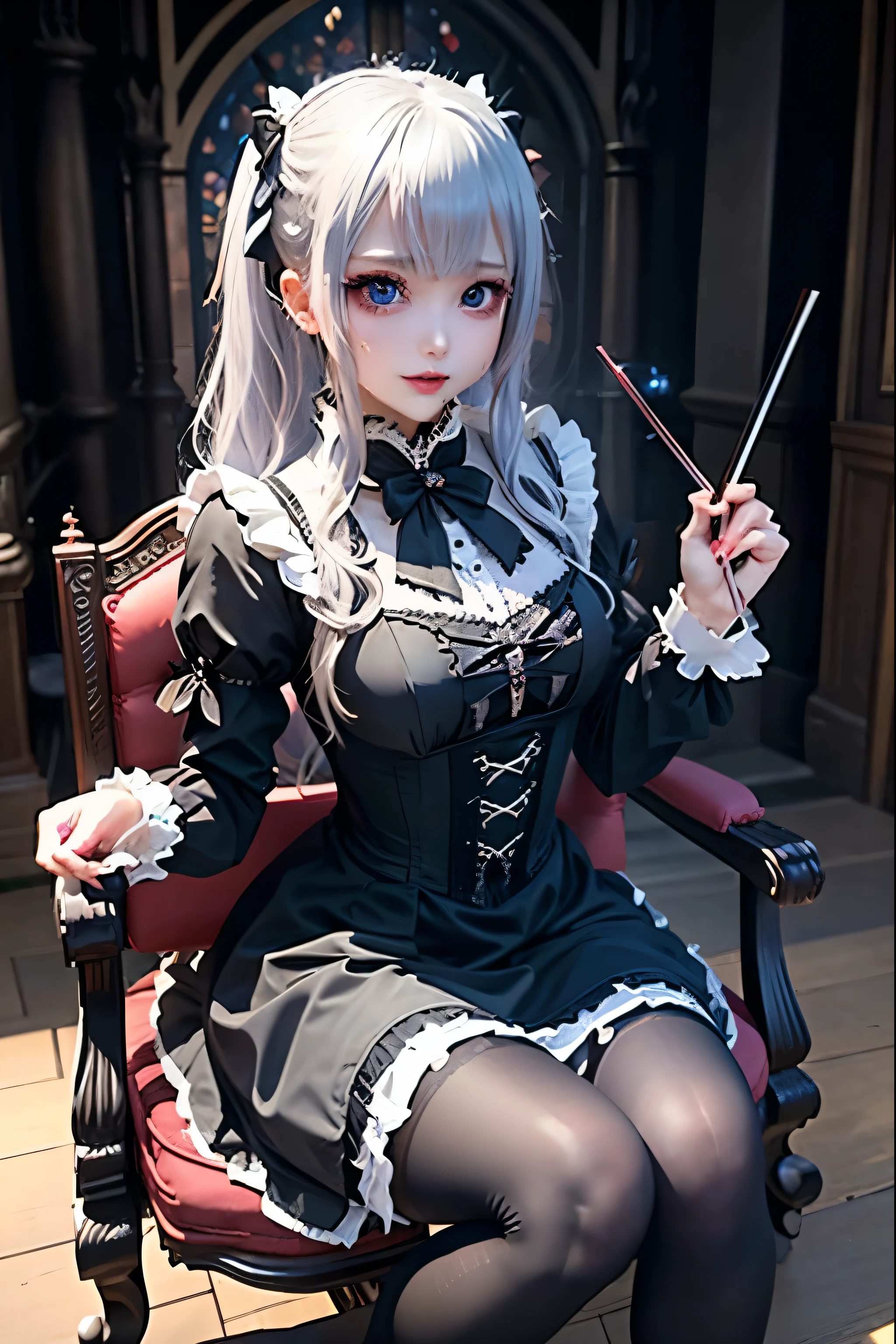 Hard Dark Gothic Makeup、Deep Night Sky、Horror、Black dark eyeshadow、sad、Good skin radiance、Dark Gothicメイク、Dark smile、palace、24-years-old、Embarrassed look、Dark Gothic、Obscene language、highest quality、Drunk face、紫のMaid clothes、Mysterious、Noble、sexy、Loving smile、Right blue eye, Left eye is red、Platform Heel Shoes、Heavy makeup、Gothic ta Clothing、Silver Hair、Long Hair Straight Hair、Cute Gothic Loliress、Beautiful Face、elegant features、Fascinating face、Stained glass is the background、Chest glistening with sweat、The room is dark、gothic long dress、Bell Sleeves、Wizard Sleeve、Decadent look、Sexually excited expression、Glossy thighs wet with water、Thighs that are wet and shiny with oil、Background of a room full of roses、The embroidery is pink、The dress has pink embroidery、Thigh-high socks、Knee-high socks、Gentle expression、Dark black eyeshadow、Stained glass and rose background、Female Duo、Female couple、dark church background、Stained glass、Black metal world、Dark Castle、Slender body、gothic long dress、Maid clothes、Victorian dresses、Her thighs glisten with sweat、My body is wet and shiny、Lots of glitter on the thighs、My thighs are sticky from sweating、Sweat glistens on the thighs, The whole body is sweaty and shiny、Quite sweaty、My thighs are sweaty、My thighs are so wet、My thighs are shining with sweat、A lot of sweat glistens all over the body、Small breasts、Orchestra StageStage、Dynamic Angle、sitting on a gothic chair、Play the violin gracefully、With a violin、Press the violin strings、violinist、orchestra performance、Thin thighs、slender、Violin body and strings、Sit on a chair、pantyhose、