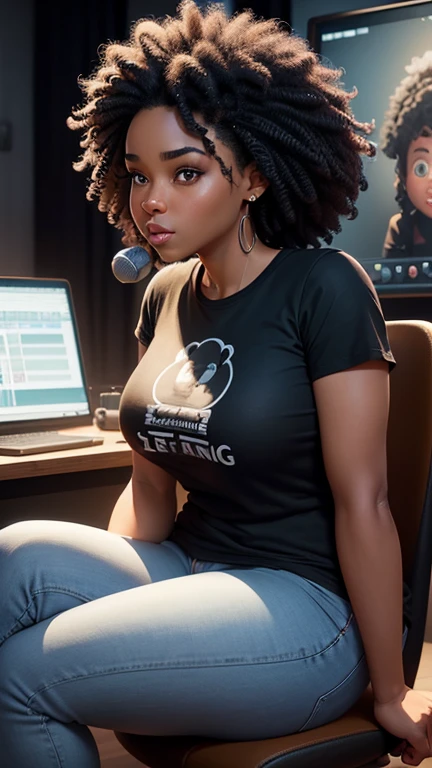 A young thick black woman with natural hair, sitting, wearing a black t-shirt and jeans, side profile, focused on talking into a microphone in front of her, digital painting,3D character design by cbabi bayoc and Pixar,4K HD illustration,Very detailed facial features and cartoon-style visuals。in a recording studio