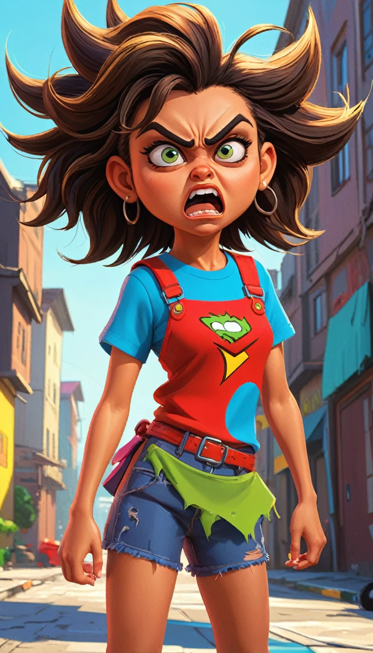 a  girl, 1girl, angry expression, big exaggerated eyes, pointy nose, sharp teeth, messy disheveled hair, glaring, scowling, hands on hips, caricature, cartoon style, exaggerated features, bright vibrant colors, dynamic pose, humorous, comical, satirical, digital painting, (best quality,4k,8k,highres,masterpiece:1.2),ultra-detailed,(realistic,photorealistic,photo-realistic:1.37)