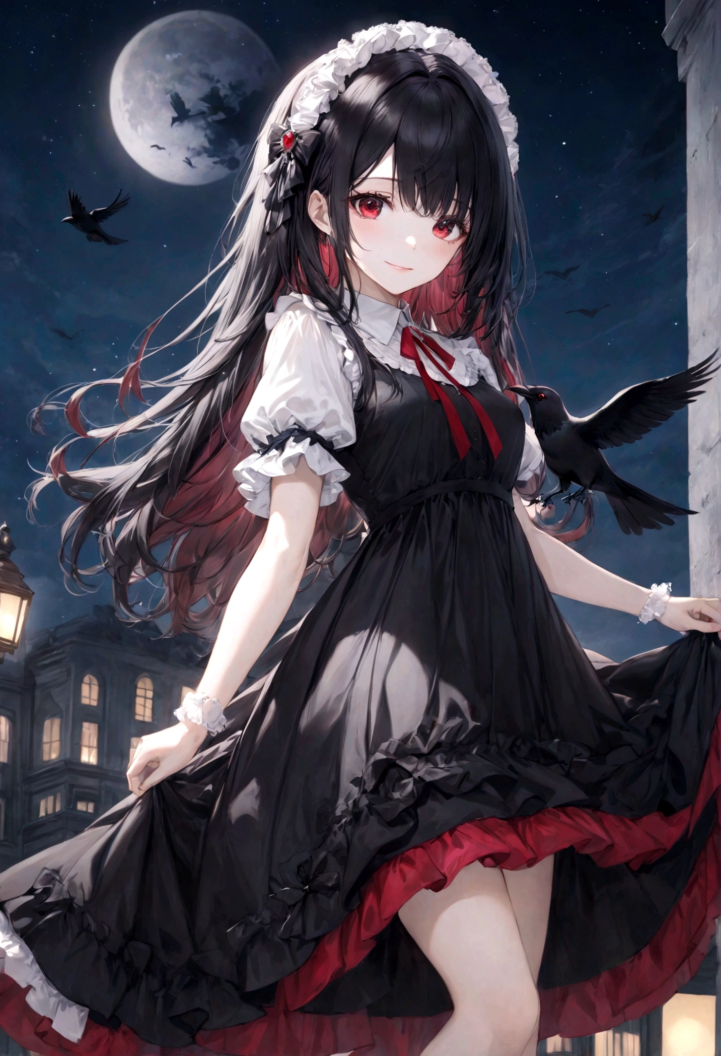 (top-quality)), ((masterpiece)), ((ultra-detailliert)), (extremely delicate and beautiful), raven black hair, long straight hair, beautiful woman, gentle smile, ruby red eyes, black and white dress, knee length dress, layered dress, ta styled dress, night sky background