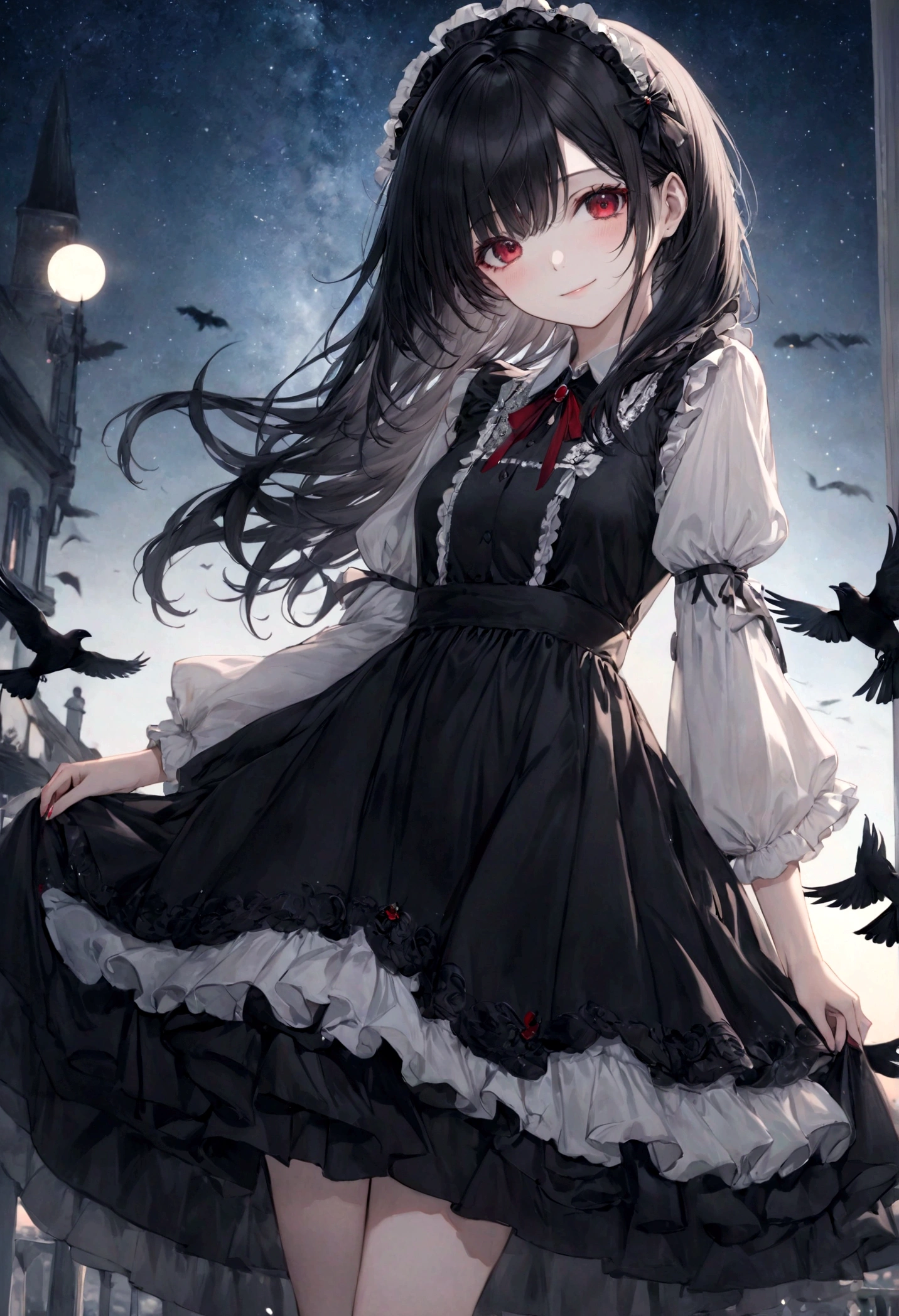 (top-quality)), ((​masterpiece)), ((ultra-detailliert)), (extremely delicate and beautiful), raven black hair, long straight hair, beautiful woman, gentle smile, ruby red eyes, black and white dress, knee length dress, layered dress, lolita styled dress, night sky background