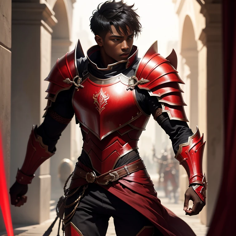 A black skin male warrior knight wearing a red elaborated armor, short black hair, no helmet, thin athletic.