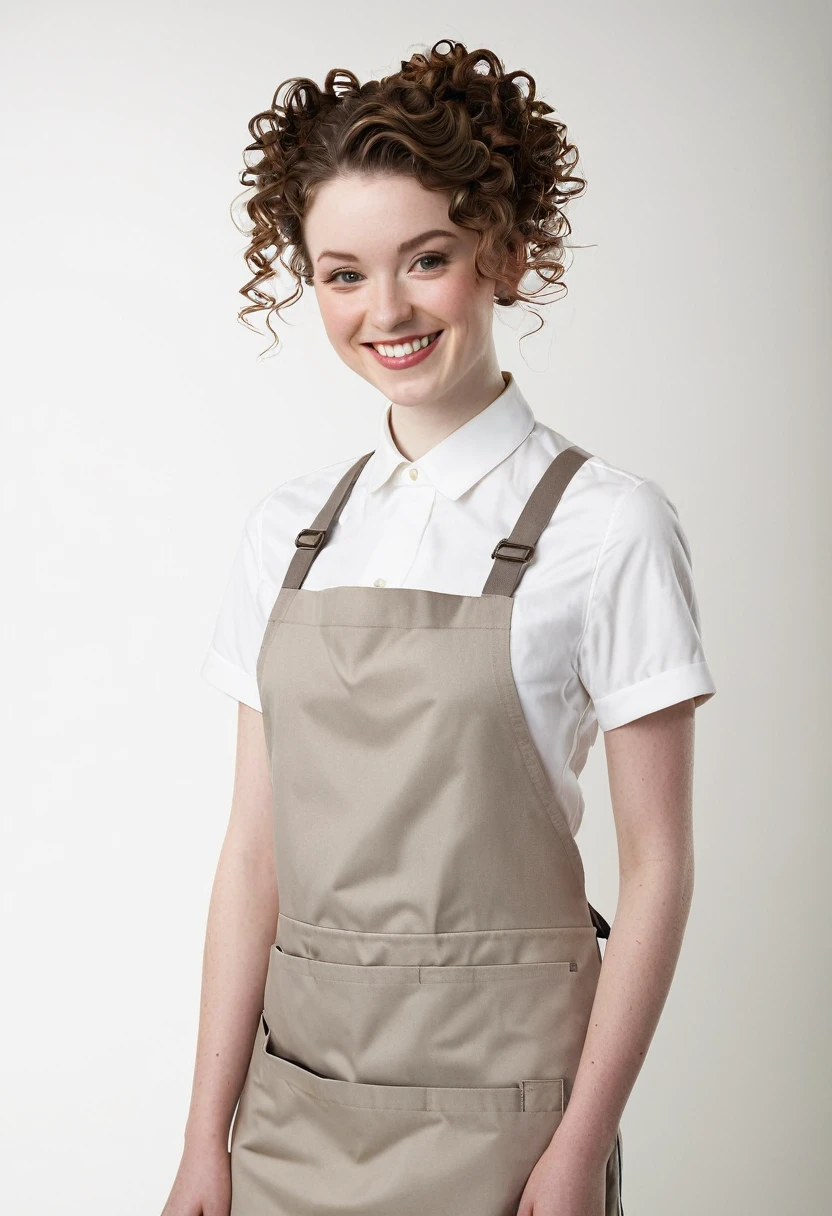 twenty-two year old woman, pale skin, curly hair updo, smiling, barista, blank background, (full body shot 0.8)