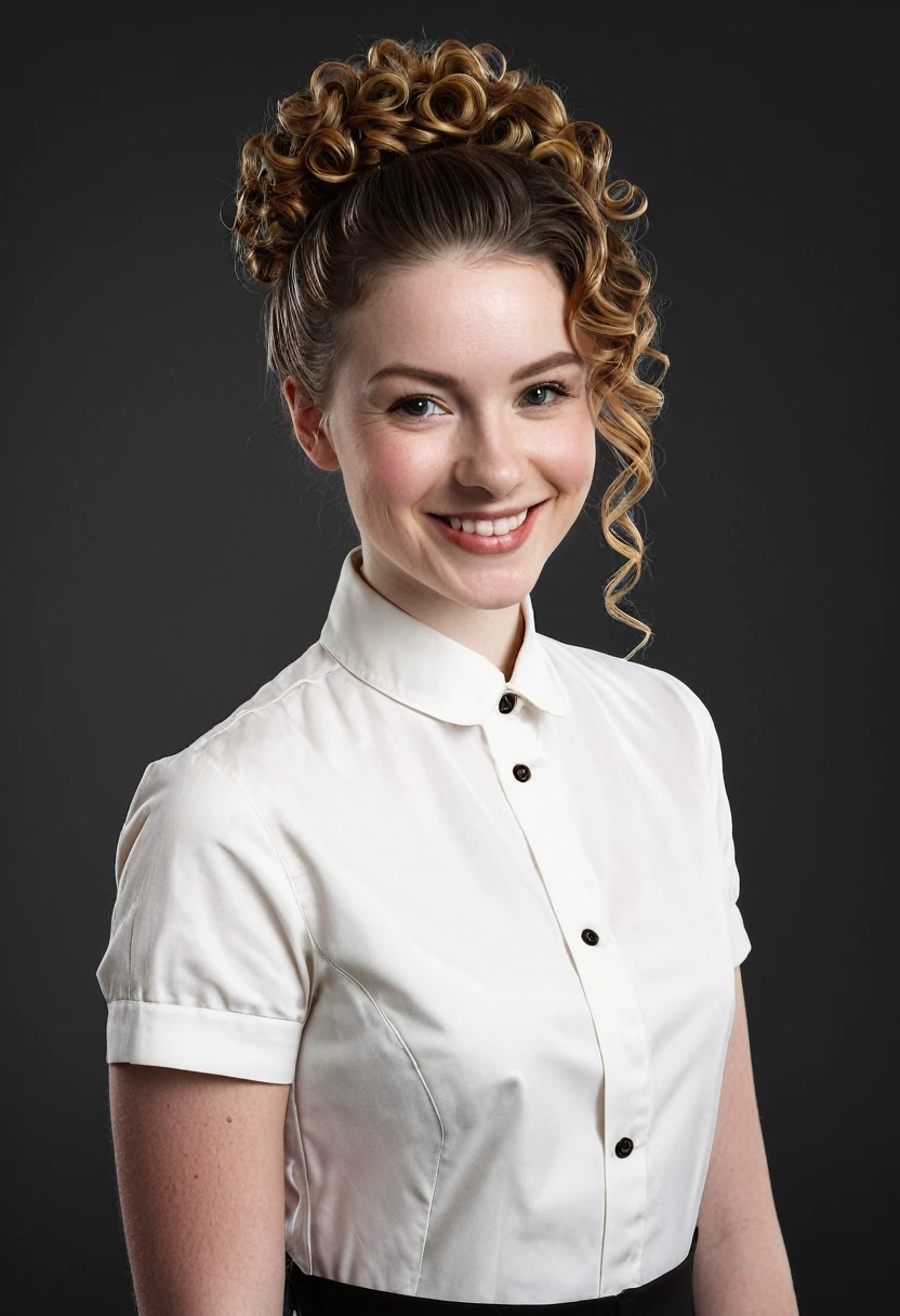twenty-two year old woman, pale skin, curly hair updo, smiling, barista, blank background, (full body shot 0.8)