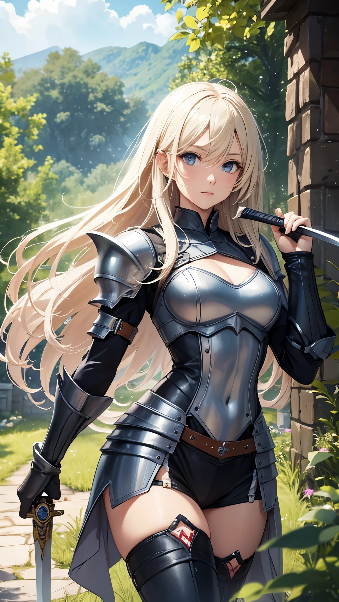 Create an anime-style female knight standing confidently in a medieval cobblestone street. She has long, wavy blonde hair, piercing blue eyes, and is clad in shiny silver and black armor, which is intricately detailed. Her armor includes a chest plate, gauntlets, and greaves, and she wears a flowing black cape. She holds a glowing blue sword in her right hand, which emits a soft light. The background depicts a medieval cityscape with tall buildings, narrow streets, and a soft light filtering through, adding a sense of depth and atmosphere to the scene. The character should exude strength and determination, with a slightly ethereal or heroic aura