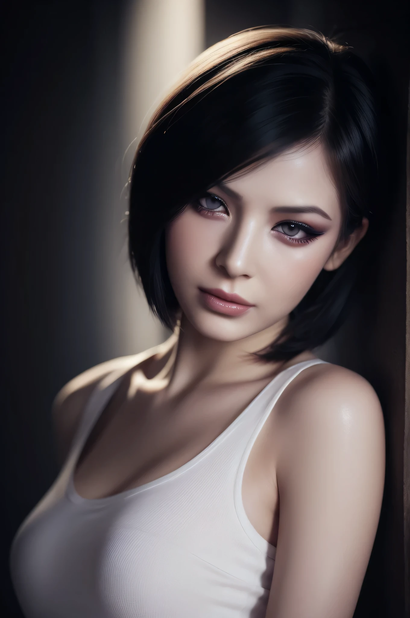 woman pretty, black short hair ,nsfw,naked ,foxy eyeliner, portrait pale,soft body,eyeliner, wearing black t-shirt, makeup ,pale woman painting, eyeliner wonderful highly detailed masterpiece, beautiful light deep focus, elegant, digital painting, smooth, dramatic lighting, ultra realistic, 8k, art , white background, blure, bokeh