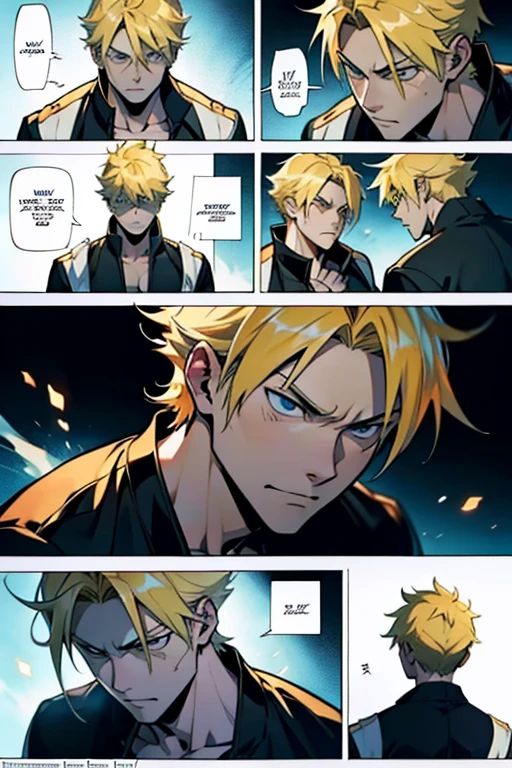 Anime guy with blonde hair close to dying in a fight, detailed expressions, manga page with panels and dialogue 