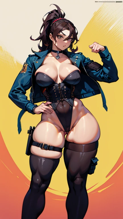 1 woman,muscular arms, Ultra HD, retina, obra de arte, Anatomicamente Correto, pele texturizada, detalhes altos, premiado, Melhor qualidade, 8k, alto,(jacket, holster, gun holster, bondage gear, choker, headband, pantyhose, harness ), shaved pussy, large perfect breasts, wide hips, thick thighs,