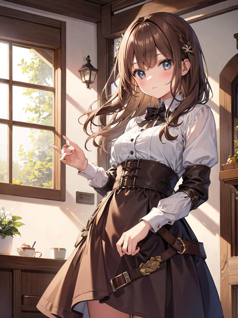 masterpiece,One girl, Sparrow, Brown Haired Girl, wearing knight&#39;s armor, Curly shorthair, Messy Hair, Black Skirt, The body is slim, Knight in armor, Medium chest, she closed her left eye, Shirt decoration,  Pie, Seductive look, Beautiful breasts, Round Breasts, Crimson Eyes, dress, mini skirt, Sitting in a medieval tavern, Ahoge, Captivating smile, breastplate