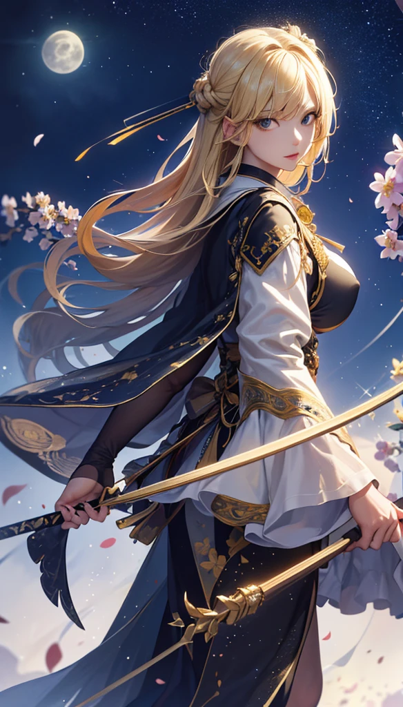 masterpiece, high quality, 4K, Beautiful design, silhouette,blonde, 非常に詳細な夜のStarry Sky,Flower Field, wonderful, Finer details, Very knowledgeable woman, Highly detailed solo, 1 female,Big Breasts,suit,Night view,Starry Sky,full moon,