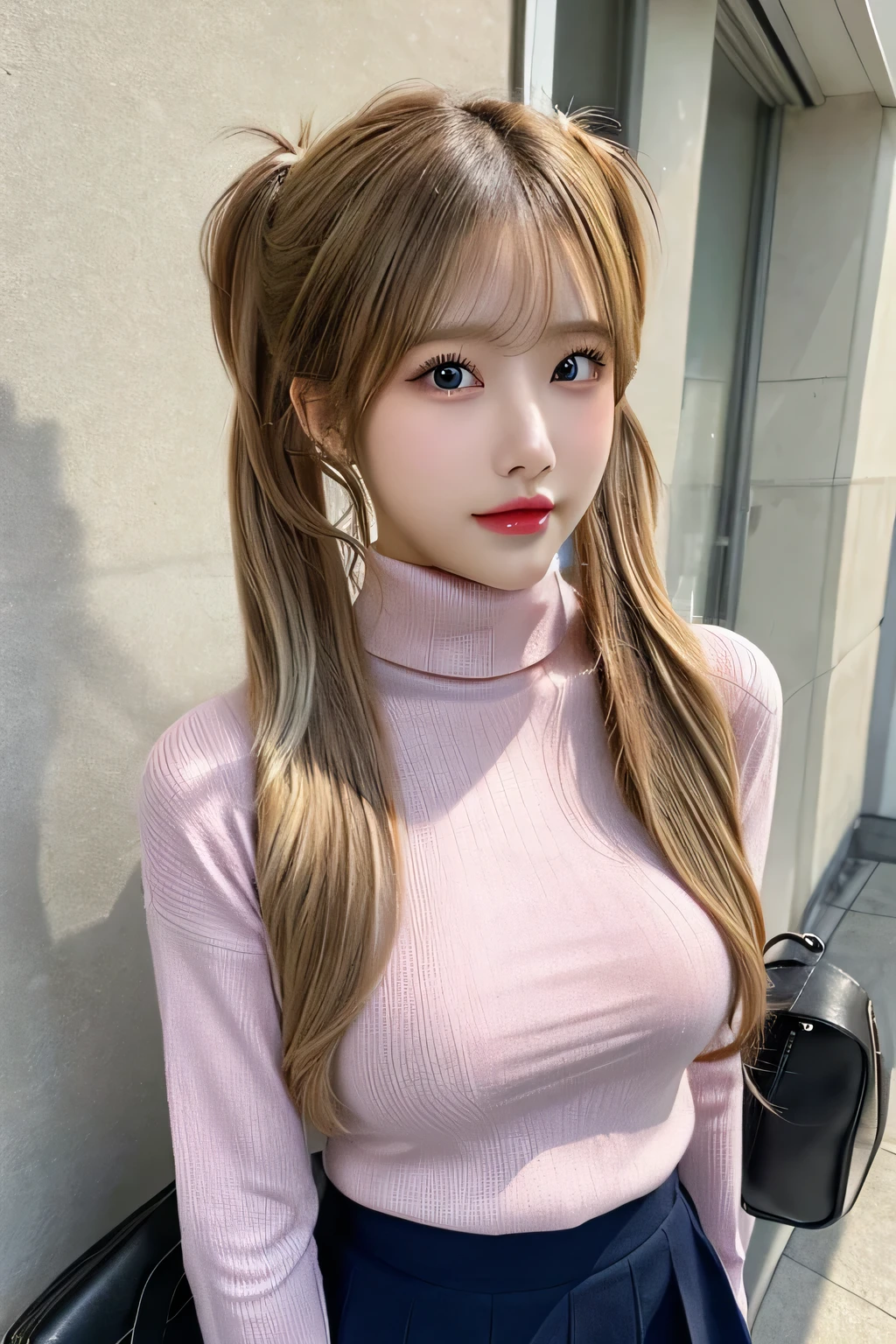 (Huge boobs、Turtleneck knit、Shoulder bag)、(highest quality,masterpiece:1.3,超A high resolution,),(Ultra-detailed,Caustics),(Photorealistic:1.4,RAW shooting,)Ultra-Realistic Capture,Very detailed,High resolution 16K for human skin、 The skin texture is natural、、The skin looks healthy、The color is also uniform.、 Use natural light and color,One Woman,White European,,cute,Blonde, Twin tails,(Depth of written boundary、chromatic aberration、、Wide range of lighting、Natural Shading、)、(Hair swaying in the wind:1.2)、High  classroom, Red glossy lips, Twin tails, Blue or green eyes, Pink panties are visible through the skirt