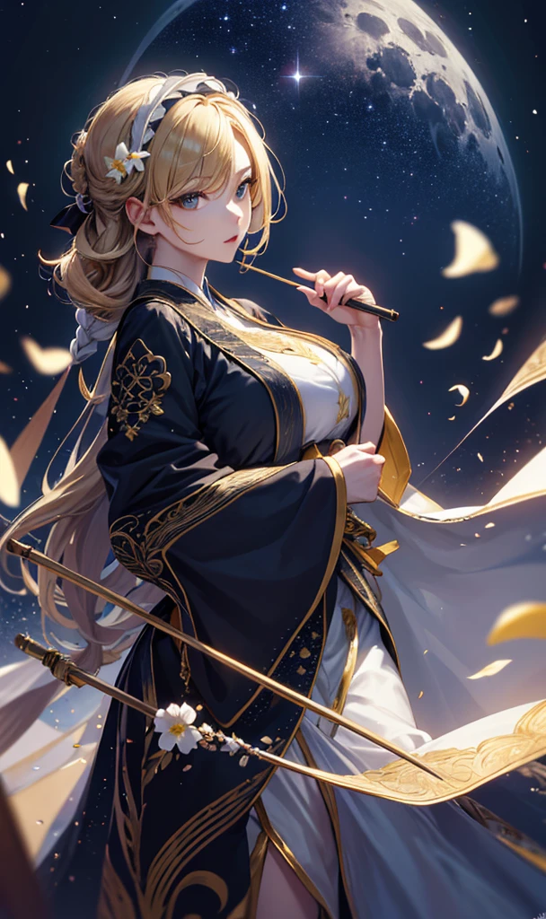masterpiece, high quality, 4K, Beautiful design, silhouette,blonde, 非常に詳細な夜のStarry Sky,Flower Field, wonderful, Finer details, Very knowledgeable woman, Highly detailed solo, 1 female,Big Breasts,suit,Night view,Starry Sky,full moon,