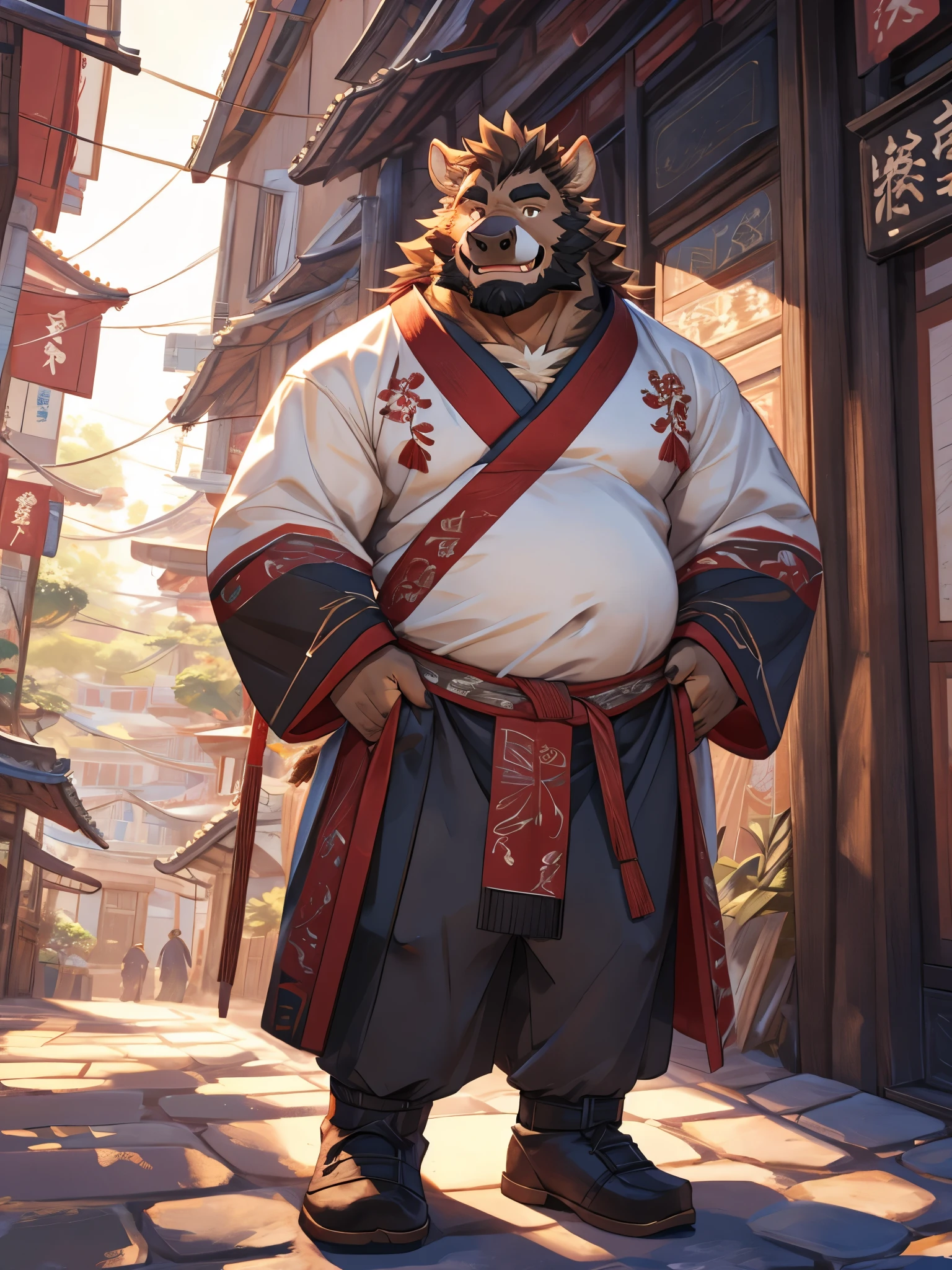 Anthropomorphic wild boar，have a fat belly，Succulent，Have chest muscles，brown hair，Standing on the street，Wearing Hanfu，A set of Hanfu，Positive face