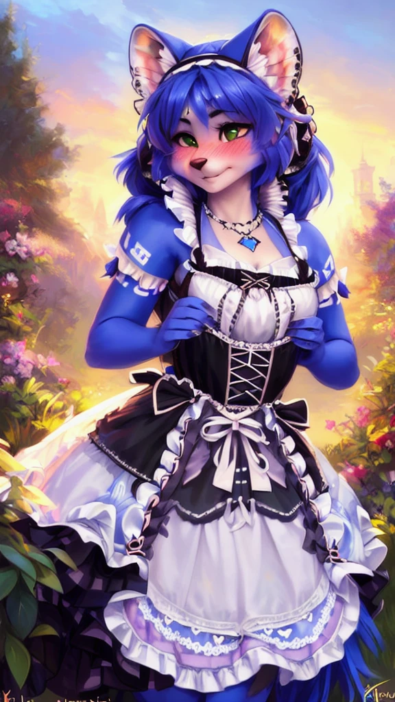 A beautiful and detailed (sweet portrait) von ((Krystal)), Sternenfuchs Krystal, Schlank, liebenswert, green eyes, medium breasts, (((Lange blaue Haare 1.3))), ((schwarze haarspitzen)), Dekollete, Grinsen, hoch schauen,, anthro, Pelzig, Hochgeladen E621, detailed flauschige fur, (von Fluff-Kevlar, Bayard Wu, Personalami, Pino Daeni), detailliertes Gesicht, (flauschige), 1 girl, Allein,(((Gotische Lolita:1.5))),Ultra-HD,Ultra-HD,(((Blush:1.5))), solo