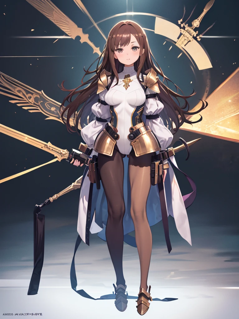 highest quality、Complete limbs、Beautiful woman、alone、((Brown haired woman:1.4))、((Woman with tied hair))、Busty women:1.3、female knight、(((A woman wearing a white long-sleeved high-neck leotard:1.3)))、(((A woman wearing brown pantyhose:1.3)))、(((Woman in full-body armor:1.5)))、smile、castle town、erupt、Woman with hands on her hips