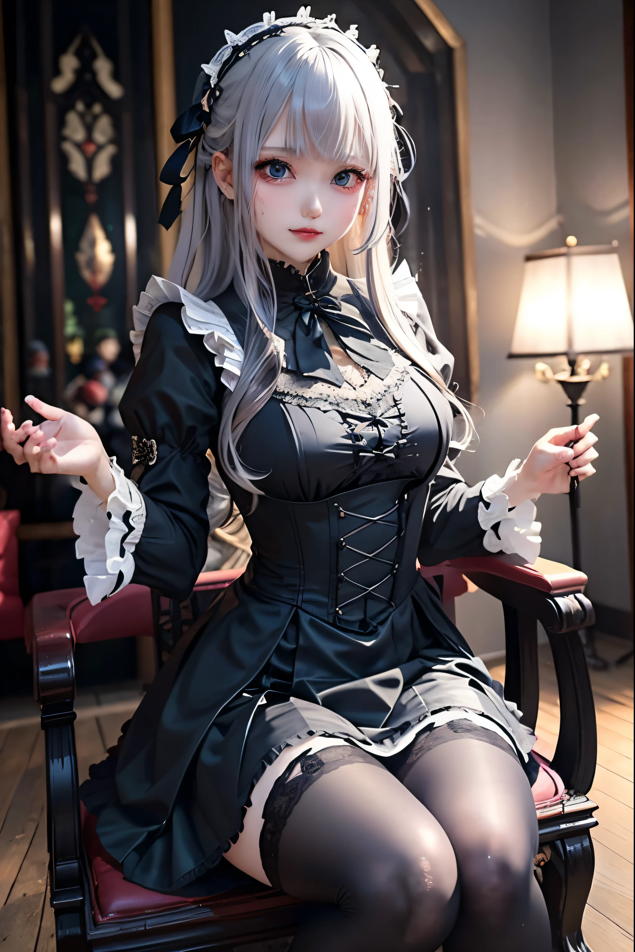 Hard Dark Gothic Makeup、Deep Night Sky、Horror、Black dark eyeshadow、sad、Good skin radiance、Dark Gothicメイク、Dark smile、palace、24-years-old、Embarrassed look、Dark Gothic、Obscene language、highest quality、Drunk face、紫のMaid clothes、Mysterious、Noble、sexy、Loving smile、Right blue eye, Left eye is red、Platform Heel Shoes、Heavy makeup、Gothic Lolita Clothing、Silver Hair、Long Hair Straight Hair、Cute Gothic Lolita Dress、Beautiful Face、elegant features、Fascinating face、Stained glass is the background、Chest glistening with sweat、The room is dark、gothic long dress、Bell Sleeves、Wizard Sleeve、Decadent look、Sexually excited expression、Glossy thighs wet with water、Thighs that are wet and shiny with oil、Background of a room full of roses、The embroidery is pink、The dress has pink embroidery、Thigh-high socks、Knee-high socks、Gentle expression、Dark black eyeshadow、Stained glass and rose background、Female Duo、Female couple、dark church background、Stained glass、Black metal world、Dark Castle、Slender body、gothic long dress、Maid clothes、Victorian dresses、Her thighs glisten with sweat、My body is wet and shiny、Lots of glitter on the thighs、My thighs are sticky from sweating、Sweat glistens on the thighs, The whole body is sweaty and shiny、Quite sweaty、My thighs are sweaty、My thighs are so wet、My thighs are shining with sweat、A lot of sweat glistens all over the body、Small breasts、Orchestra StageStage、Dynamic Angle、sitting on a gothic chair、Play the violin gracefully、With a violin、Press the violin strings、violinist、orchestra performance、Thin thighs、slender、Violin body and strings、Sit on a chair、pantyhose、