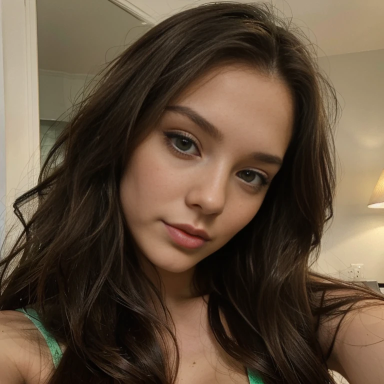 21-year-old brunette European woman with long hair and green eyes
. She makes a sexy selfi