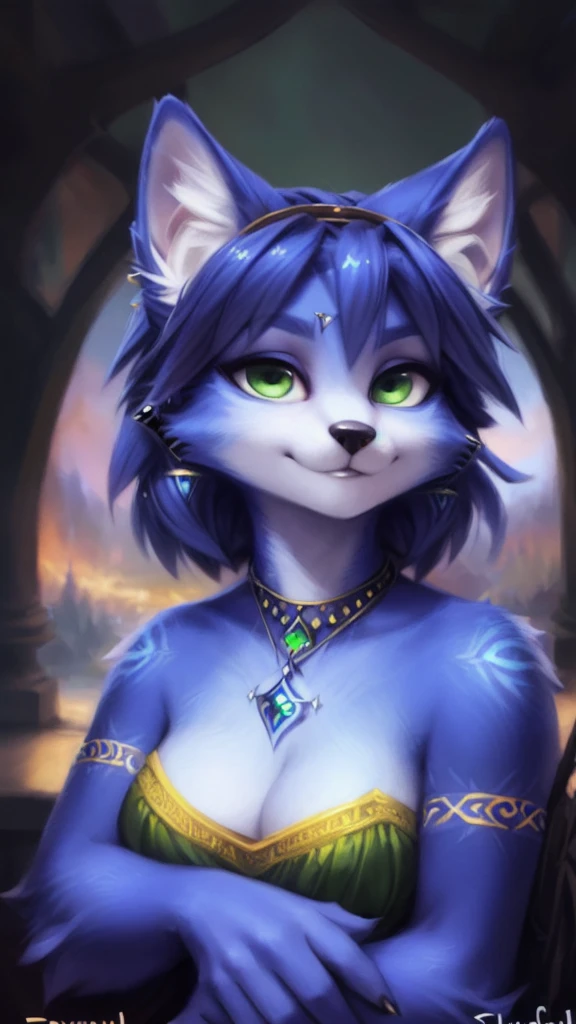 A beautiful and detailed (sweet portrait) von ((Krystal)), Sternenfuchs Krystal, Schlank, liebenswert, green eyes, medium breasts, (((Lange blaue Haare 1.3))),  ((schwarze haarspitzen)), Dekollete, Grinsen, hoch schauen,, anthro, Pelzig, Hochgeladen E621, detailed flauschige fur, (von Fluff-Kevlar, Bayard Wu, Personalami, Pino Daeni), detailliertes Gesicht, (flauschige), 1 girl, Allein, 