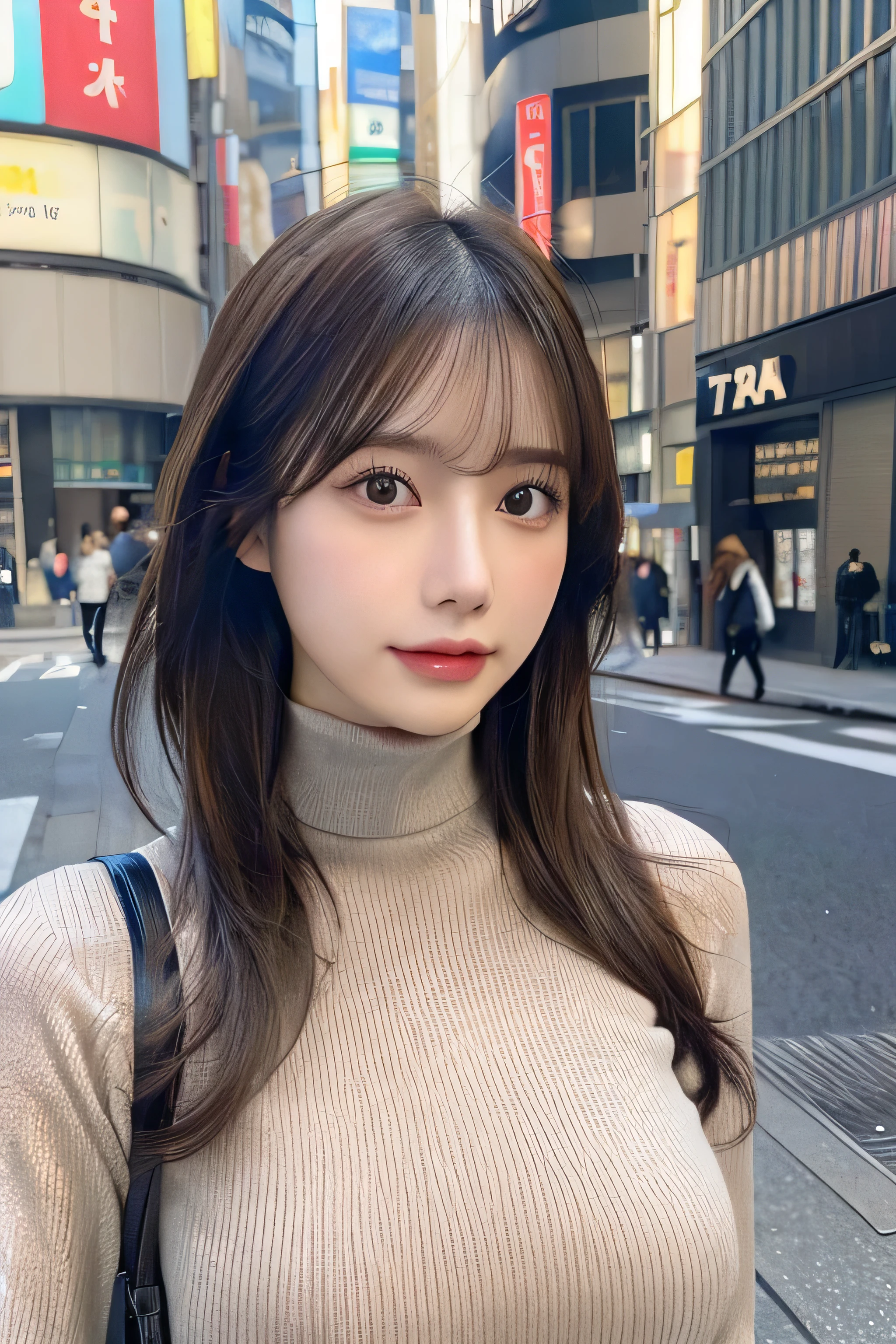 (Colossal tits、Turtleneck sweater、shoulder bags)、(top-quality,masterpiece:1.3,Ultra-high resolution,),(ultra - detailed,Caustics),(Reality:1.4,RAW shooting,)Hyper-realistic capture,A very detailed one,HD 16K human skin、 Natural skin texture、、Skin looks healthy、even skintone、 Use natural light and color,A woman who is,japanes,,kawaii,A brunette one,mid hair,(depth of fields、color difference、、Wide range of lighting、naturalshadow、)、(Hair swaying in the wind:1.2)、Streets of Tokyo、Large Breasts、