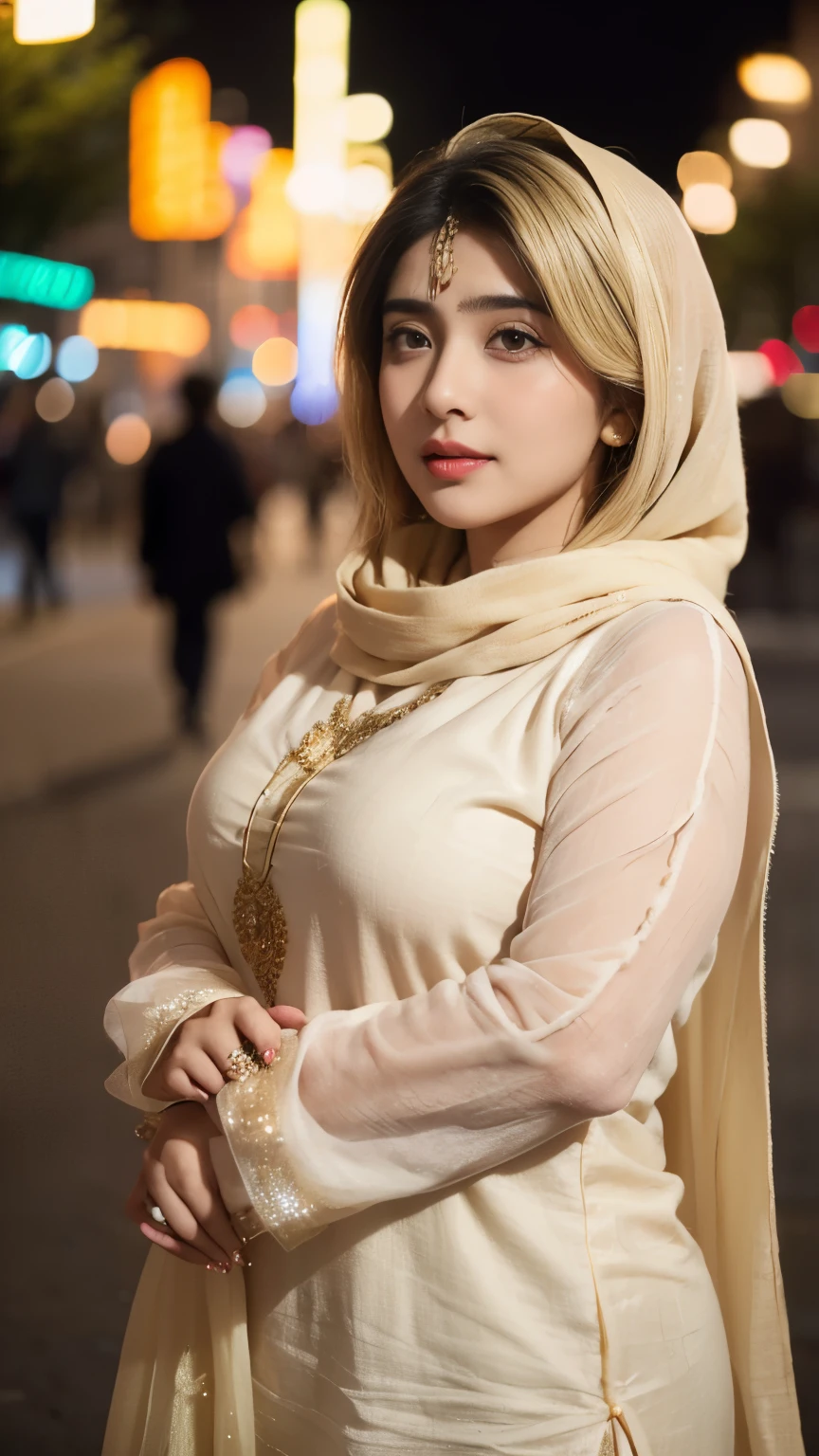 (((desi girl))), chubby face, natural skin, wearing hot deep neck top and dupatta, charming black hair, ((hair ends are blonde)), city streets background, bokeh
