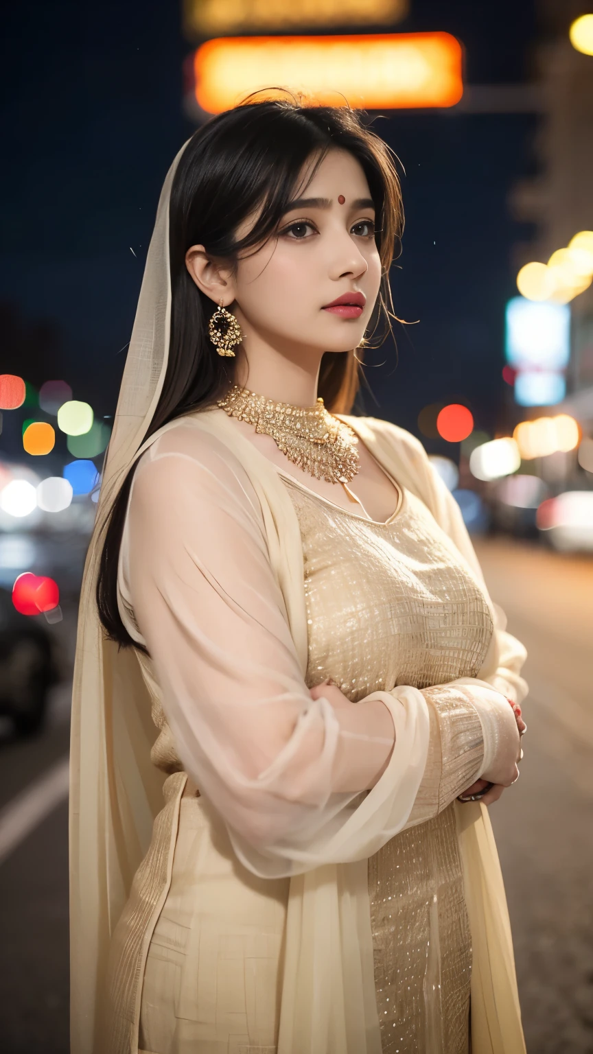 (((desi girl))), chubby face, natural skin, wearing hot deep neck top and dupatta, charming black hair, ((hair ends are blonde)), city streets background, bokeh