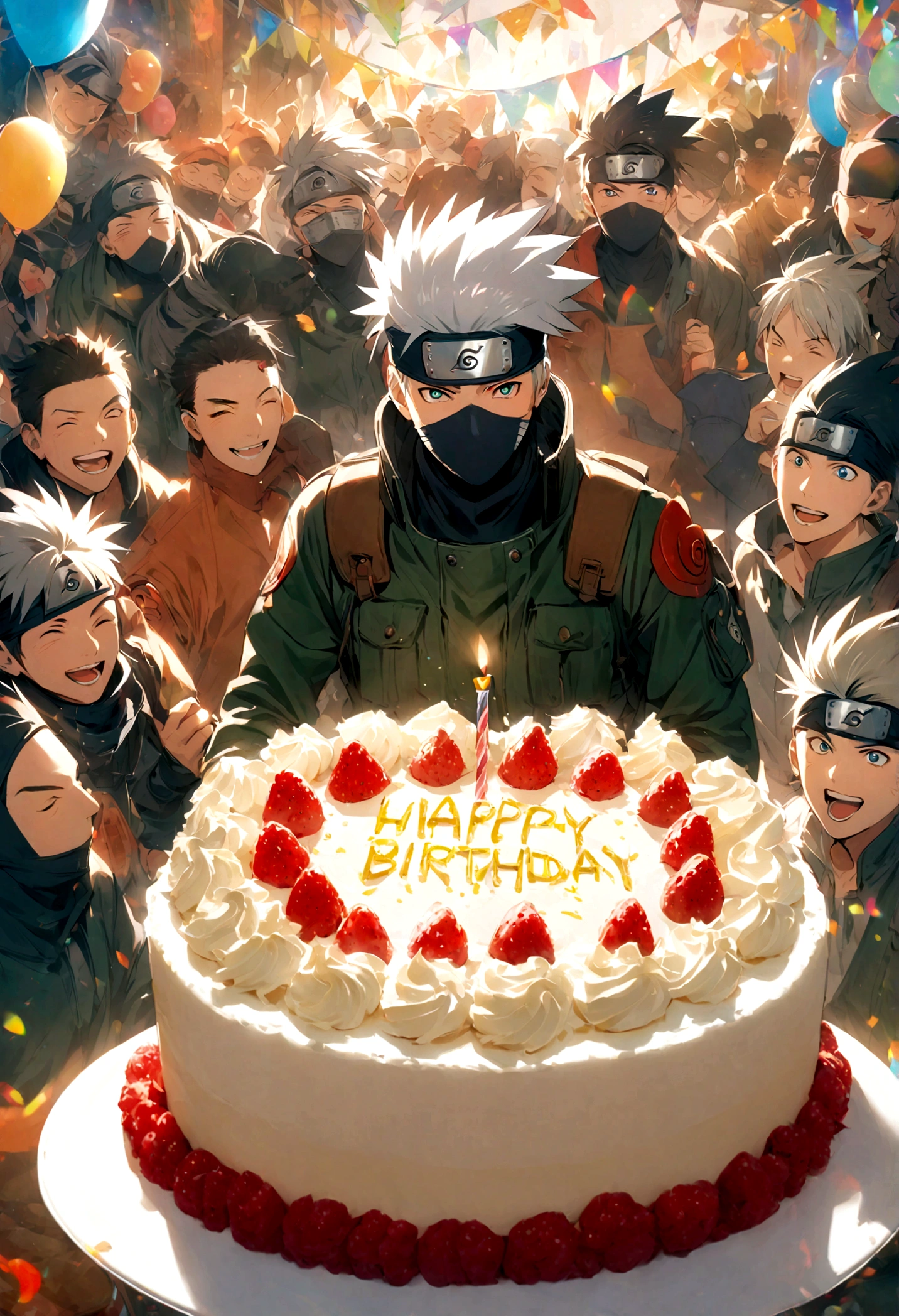 1 male,Kakashi Hatak , Create an image of Kakashi Hatake from the manga 'Naruto'AnimeKakashi Hatake, holding a birthday cake,8 people celebrating a birthday, birthday , different people, Make sure the image is vivid and captures the festive essence and personality of each character.