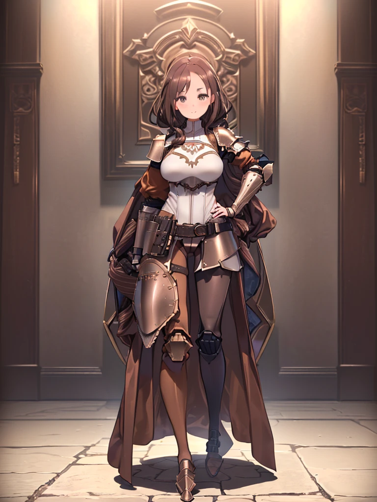 Tabletop, highest quality、Beautiful woman、alone、((Brown haired woman:1.4))、((Woman with tied hair))、Busty women:1.3、female knight、(((A woman wearing a white long-sleeved high-neck leotard:1.3)))、(((A woman wearing brown pantyhose:1.3)))、(((Woman in full-body armor:1.5)))、smile、castle town、erupt、Woman with hands on her hips
