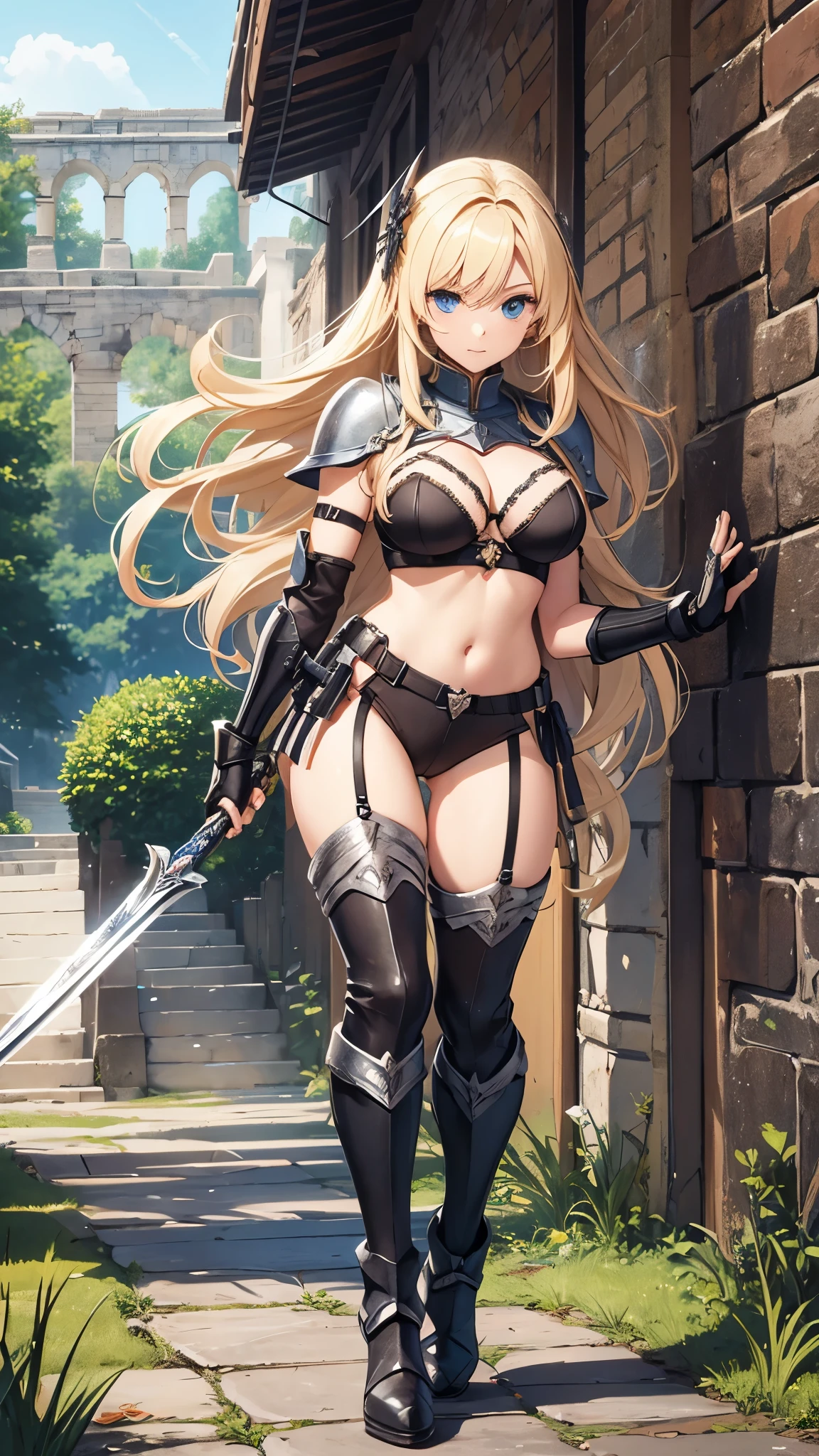 1girll， blond hairbl， tiara crown， arma， The sword， eBlue eyes， 独奏， Thighs, thighs， cloaks， looking at viewert， white thighhig， armour， clutching a sword， Hold the weapon， halter， borgar， Mini crown， with her mouth open， ， Skysky， Clouds outdoors，don't have clothes