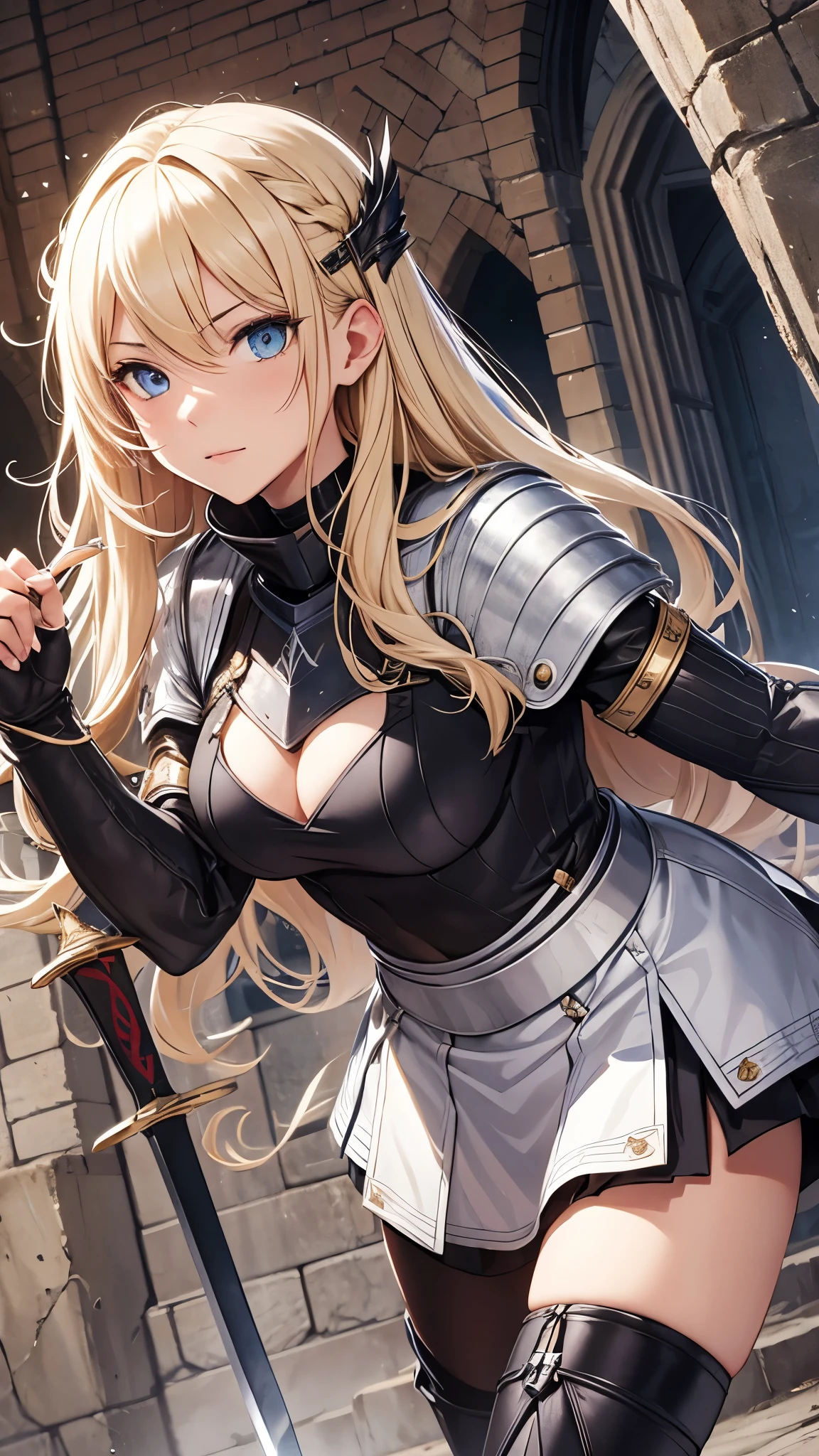 slender, mature female,1girl, breasts, blue_eyes, weapon, armor, long_hair, blonde_hair, rating:safe, thighhighs, solo, holding, large_breasts, cape, gloves, bangs, holding_weapon, cleavage, sword, gauntlets, knight, closed_mouth, elbow_gloves, looking_at_viewer, black_legwear, eyebrows_visible_through_hair, greaves, armored_boots, skirt, dress, black_gloves, garter_straps, blush, boots, thighs, armored_dress,shoulder_armor, very_long_hair, holding_sword, black_dress, thigh_boots, miniskirt