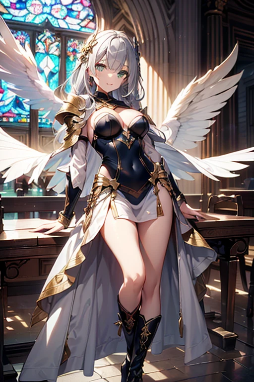 ((On the table, best quality)), Delicate face, Character Design Sheet,whole body, Perfect proportion,Rich in details, Multiple poses and expressions, Very detailed, Martial Arts Girl,1Girl with black wings,Gradient hair color,Golden,Delicate eyes, see through,1 Angel Wings Girl,cloud,High balance, Halo,Natural light,Starlight decoration,Background greek temple