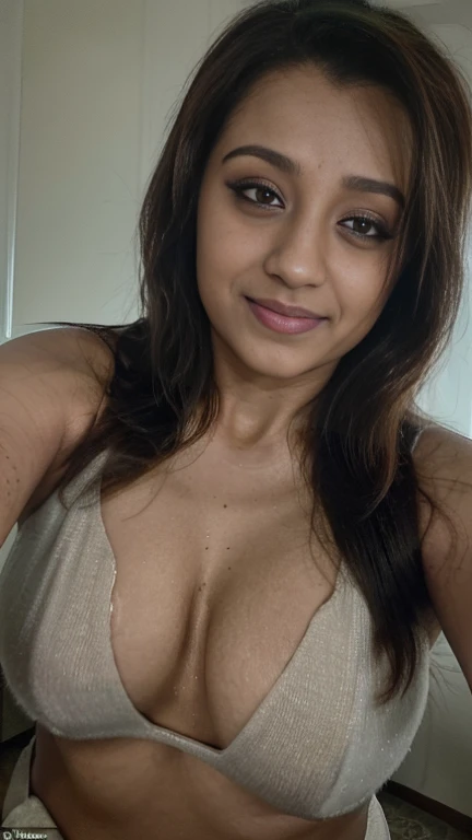 No make up closeup bustshot bodyshot of trisha,selfie, trisha krishnan, trks woman, hourglass figure, smile,  seductive look, daytime, tank top, sharp focus, octane, HD, 4K, high resolution selfie,messy bedroom, 30 year old ((long face)), ( big cheeks), (( beautiful eyes)), shaggy messy hair, exposing navel, dim light