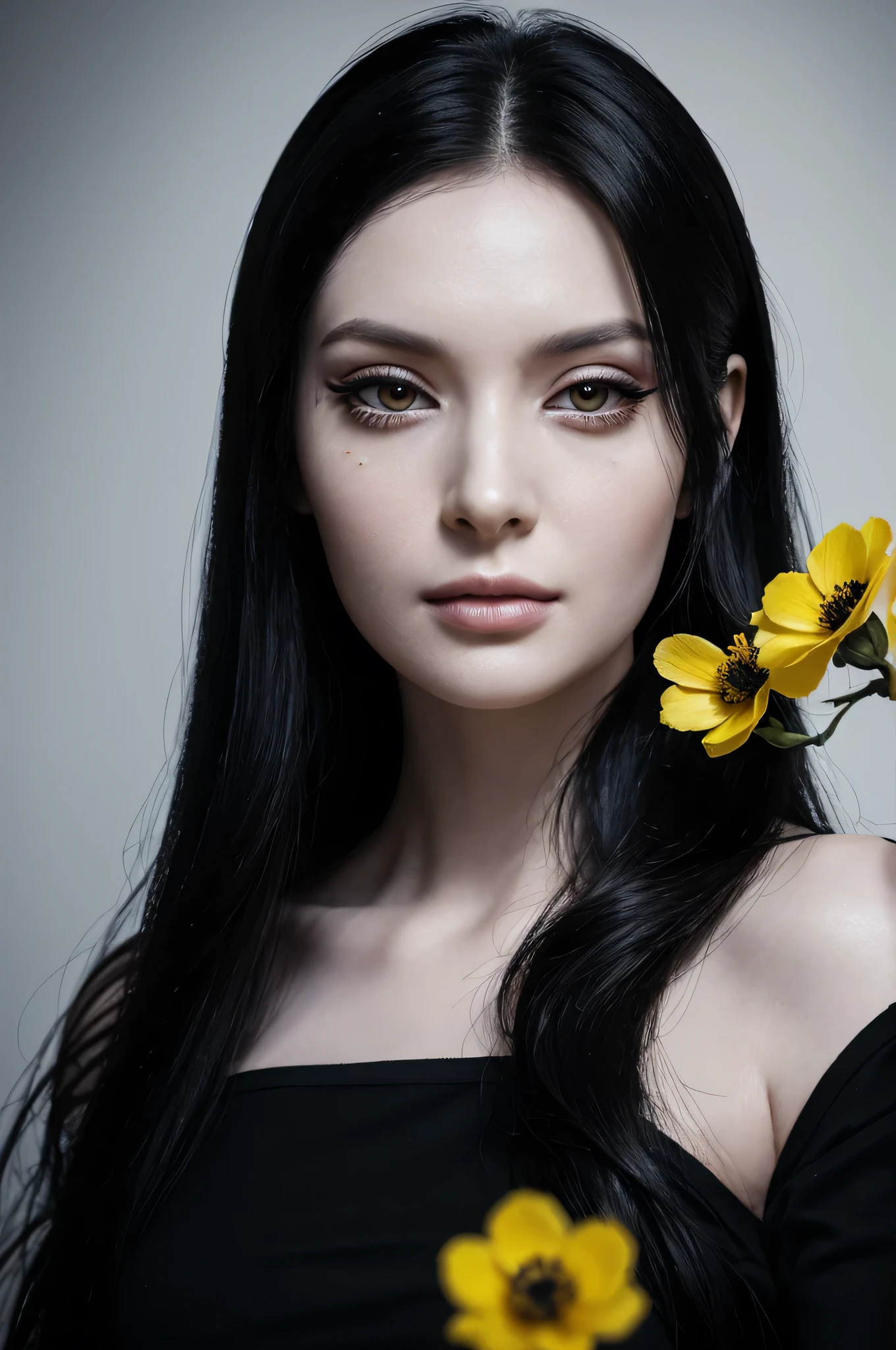 woman with black long hair, pale,soft body,eyeliner, wearing black-t-shirt, blackshirt,hold yellow flowers,makeup ,pale woman painting, eyeliner wonderful highly detailed masterpiece, beautiful light deep focus, elegant, digital painting, smooth, dramatic lighting, ultra realistic, 8k, art , white background, blure, bokeh