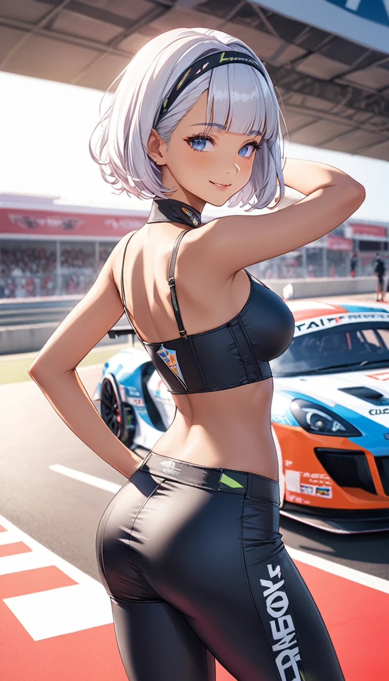 One Girl、Beautiful silver hair、((((Very short hair))))、blue eyes、(hair band)、(((Blunt bangs))), Monte Carlo Street Circuit, Racing Car, Racing Bike, Promotion Girl, Grid Girls, The promotional costumes are exquisitely tailored., paying meticulous attention to detail, Lace-up boots, Short sleeve, Cropped tops, , Tube top bra, Knee-length, Exposing shoulders, Knee-lengthグリッターナイロンプリーツスカート, Asymmetrical medium size nylon pleated skirt, Promotional wear with logo, Red and white glitter promotional wear、((Medium chest)), 24-years-old、 (((Woman with dark skin, Sunburned))), (((skinny))),Tight waist、smile、Fine details,   (((Underbust))), smile、sexy pose, bewitching pose, arched back, back shot, 