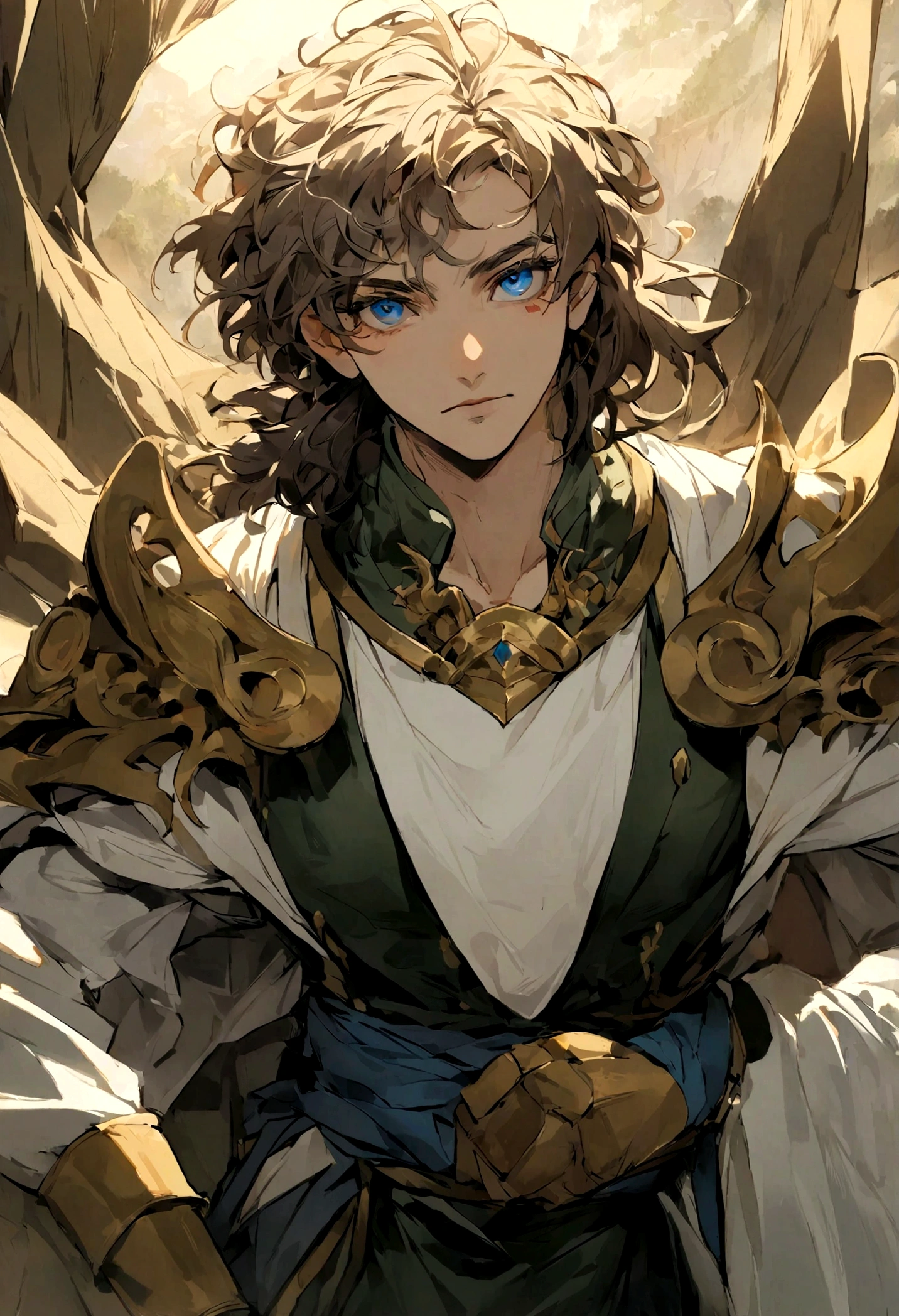 Leon is a young adventurer of around twenty years old, with an average height and an athletic build. Her hair is a radiant golden, que brilha sob a luz do sol, falling in disheveled strands that give it an air of carelessness. Your eyes are an intense blue, shining with determination and curiosity as he faces the challenges of the world. His face is marked by a serious expression, but there is always a sparkle of enthusiasm and courage in your eyes. He wears practical and sturdy clothes, adequadas para suas aventuras, com cores que se misturam bem com a paisagem natural ao seu redor. Em sua cintura, ele carrega uma espada de madeira, a symbol of your dedication to training and your quest for constant improvement. His general appearance is that of a fearless young man, pronto para enfrentar os desafios que o destino lhe reserva em sua jornada.