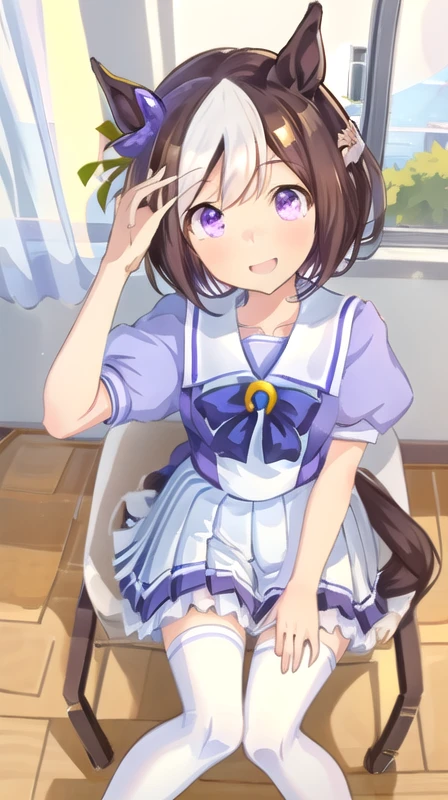 special week_\(Uma Musume\)、summer clothes、pleated skirt、Puff short sleeves、Purple Ribbon、white skirt、sailor color、sailor shirt、Trasen School Uniform、sitting、From above、White Niso、looking at the camera、window、Horse's tail、smile、tilt your head、inside the classroom、School、highest quality