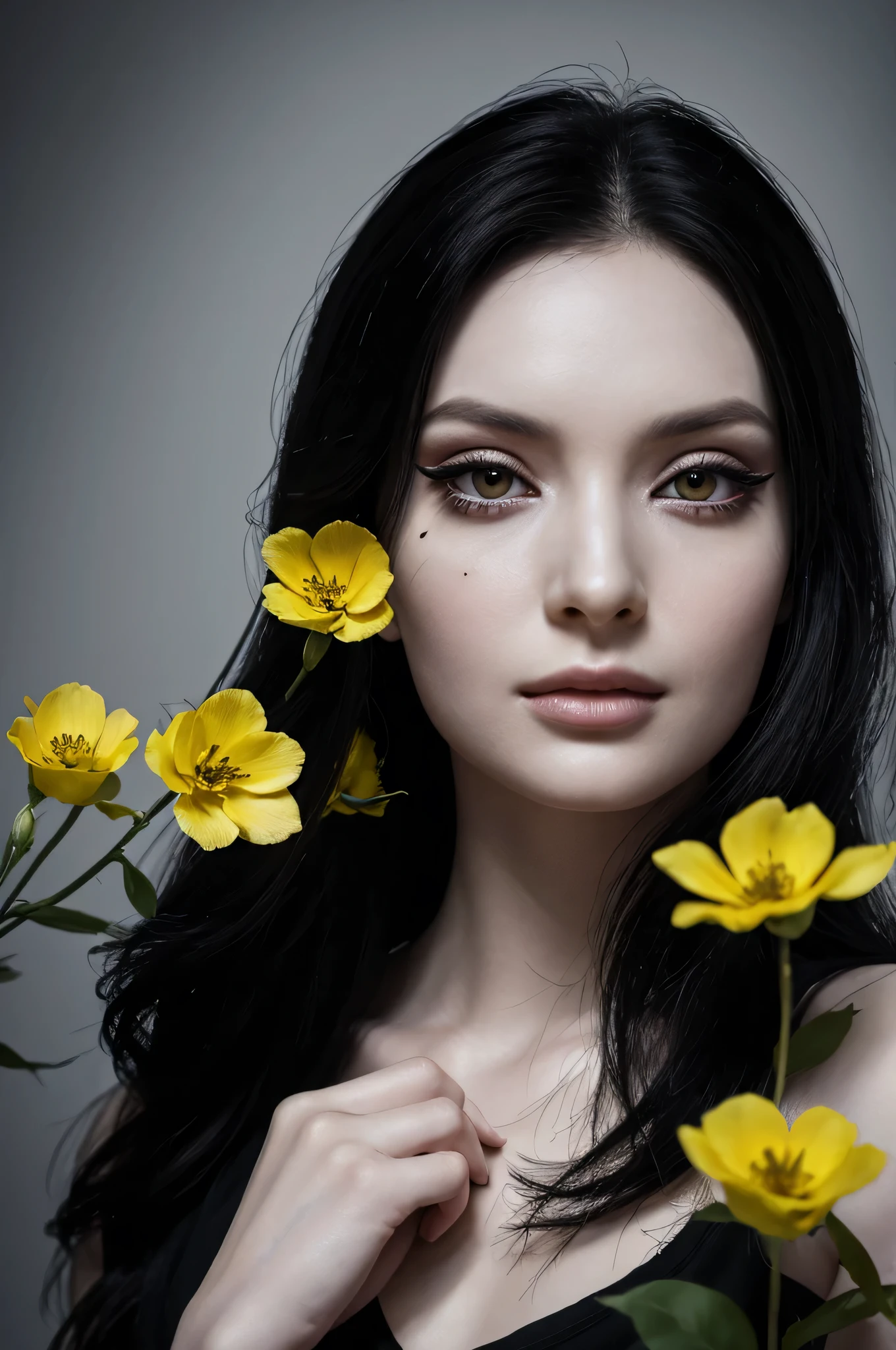 woman with black long hair, pale,soft body,eyeliner, wearing black-t-shirt, blackshirt,hold yellow flowers,makeup ,pale woman painting, eyeliner wonderful highly detailed masterpiece, beautiful light deep focus, elegant, digital painting, smooth, dramatic lighting, ultra realistic, 8k, art , white background, blure, bokeh