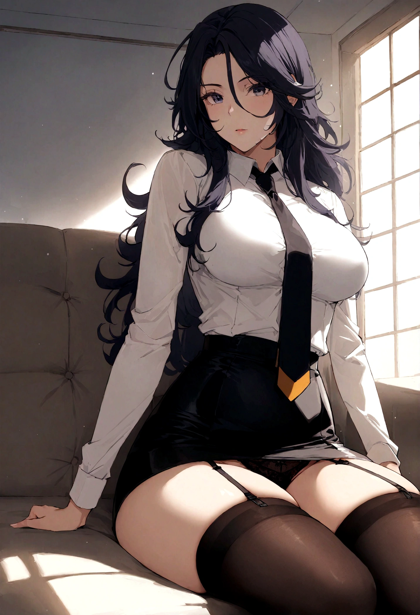 score_9, score_8_up, score_7_up,score_6_up, score_5_up, highly detailed, lighting and shadowing, light and shadow, high res, 1girl, sumeragi lee noriega, gundam, opaque white shirt with tie, black (tight skirt:1.2), black thigh high stockings with garter belt, sitting on the sofa in the living room, spreading thighs, sunlight coming through the window, giga_busty, detailed lace panties, (button_gap:-0.5), masterpiece, best quality, very aesthetic, absurdres