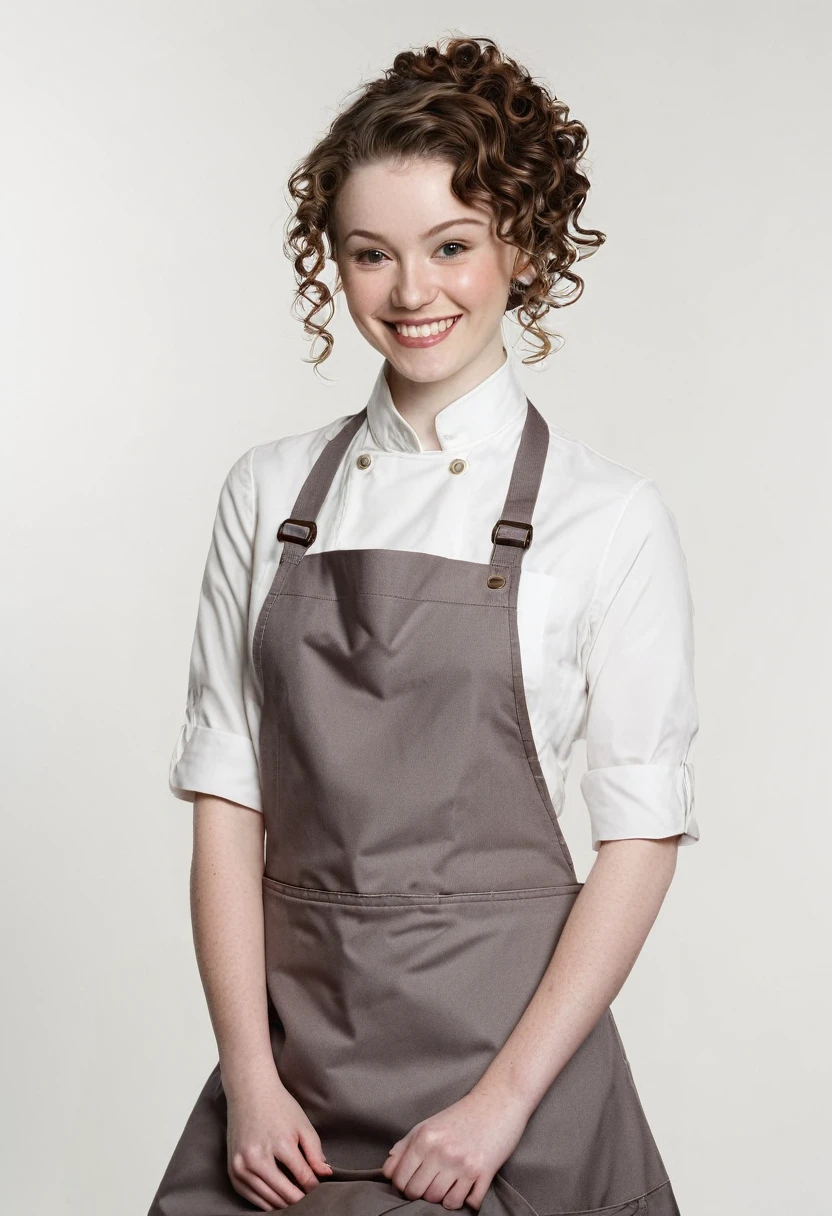 twenty-two year old woman, pale skin, curly hair updo, smiling, barista, blank background, (full body shot 0.8), 140lbs