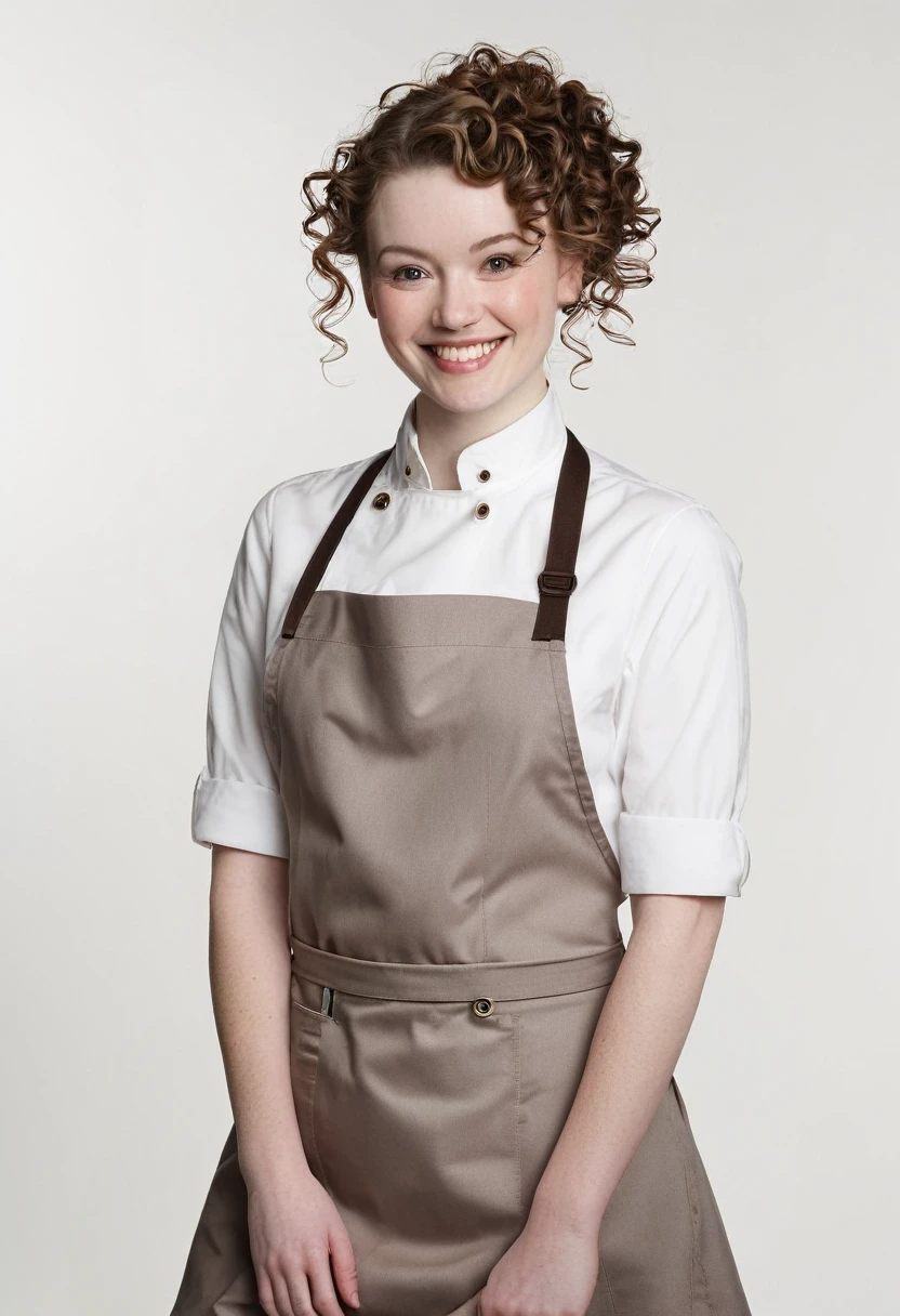 twenty-two year old woman, pale skin, curly hair updo, smiling, barista, blank background, (full body shot 0.8), 140lbs