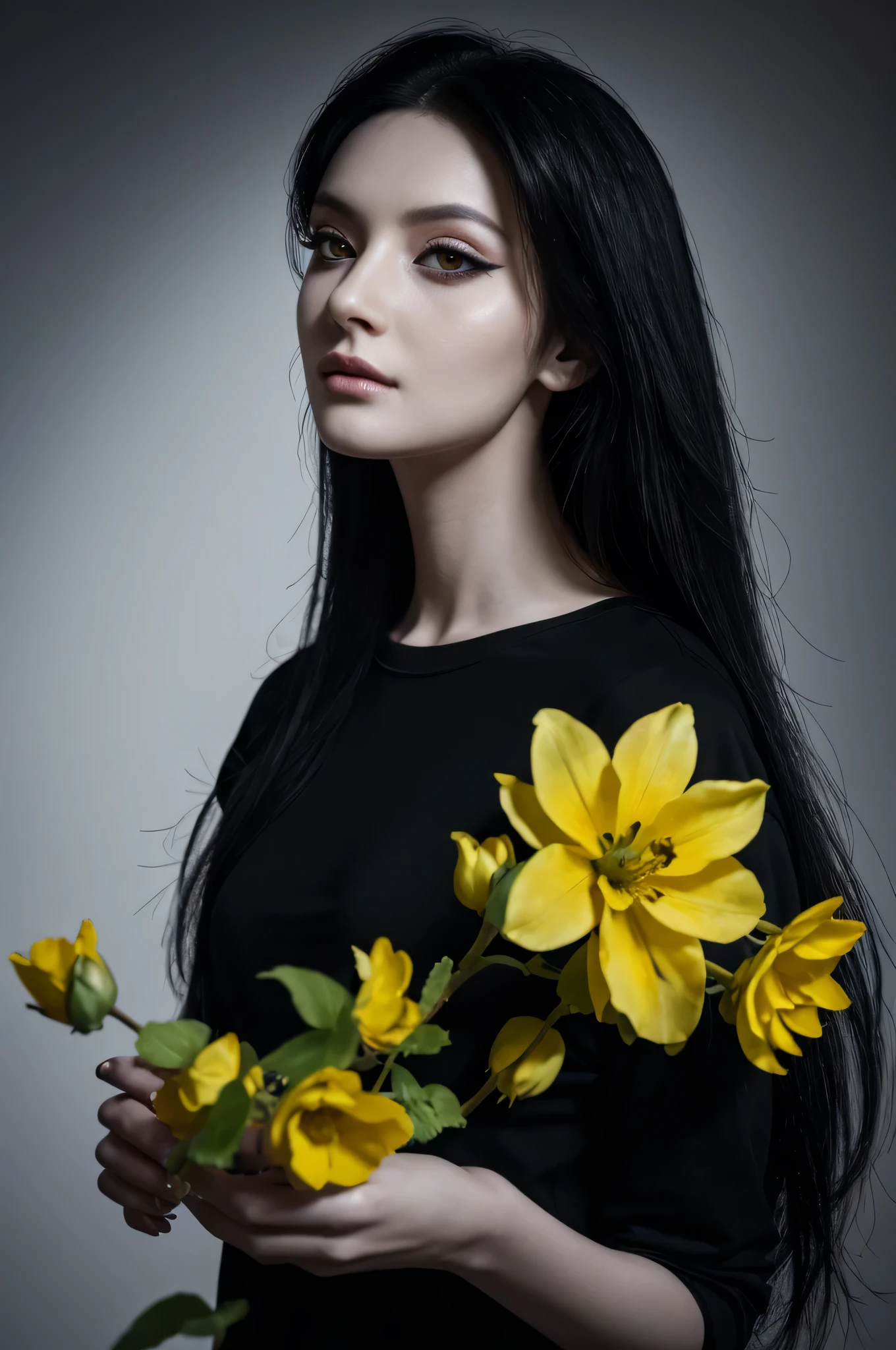 woman with black long hair, pale,soft body,eyeliner, wearing black-t-shirt, blackshirt,hold yellow flowers,makeup ,pale woman painting, eyeliner wonderful highly detailed masterpiece, beautiful light deep focus, elegant, digital painting, smooth, dramatic lighting, ultra realistic, 8k, art , white background, blure, bokeh