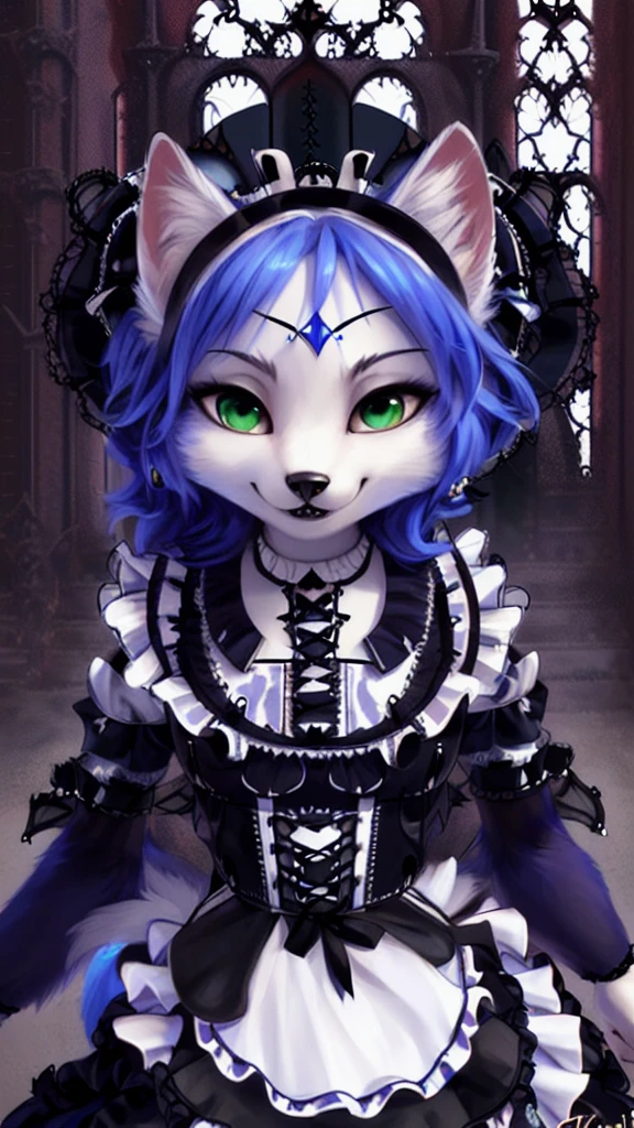 A beautiful and detailed (sweet portrait) von ((Krystal)), Sternenfuchs Krystal, Schlank, liebenswert, green eyes, medium breasts, (((Lange blaue Haare 1.3))),  ((schwarze haarspitzen)), Dekollete, Grinsen, hoch schauen,, anthro, Pelzig, Hochgeladen E621, detailed flauschige fur, (von Fluff-Kevlar, Bayard Wu, Personalami, Pino Daeni), detailliertes Gesicht, (flauschige), 1 girl, Allein,(((gothic Lolita:1.5))),Ultra-HD,Ultra-HD, solo