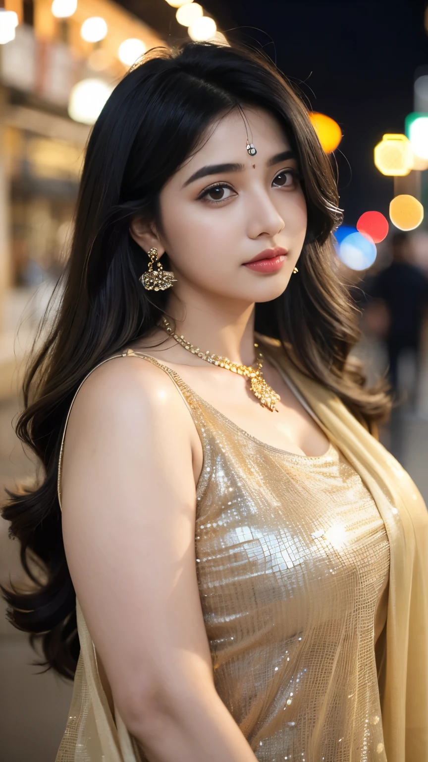(((desi girl))), chubby face, natural skin, wearing hot deep neck top and dupatta, charming black hair, ((hair ends are blonde)), city streets background, bokeh